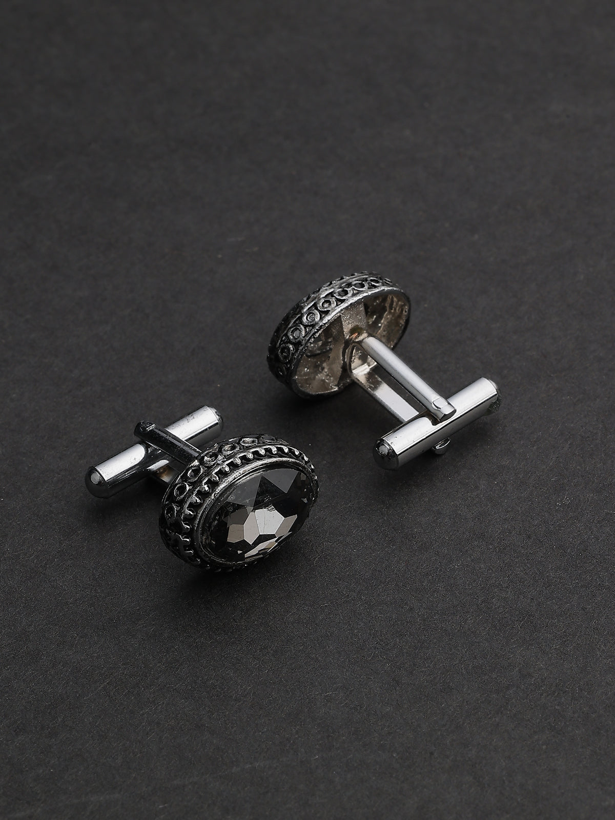 Antique Silver Charcoal Crystal Oval Cufflinks