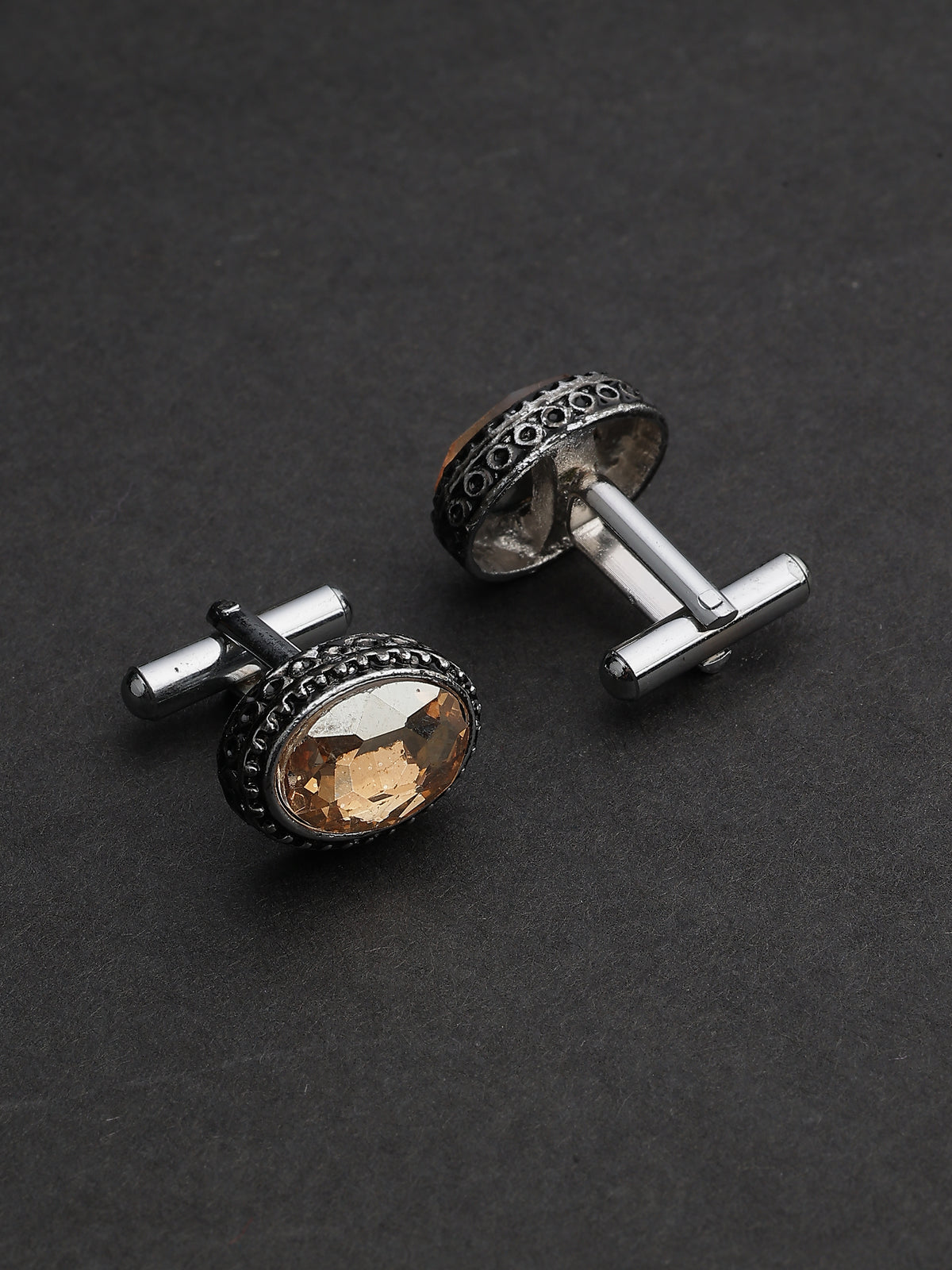 Antique Silver & Smoky Topaz Beaded Oval Cufflinks