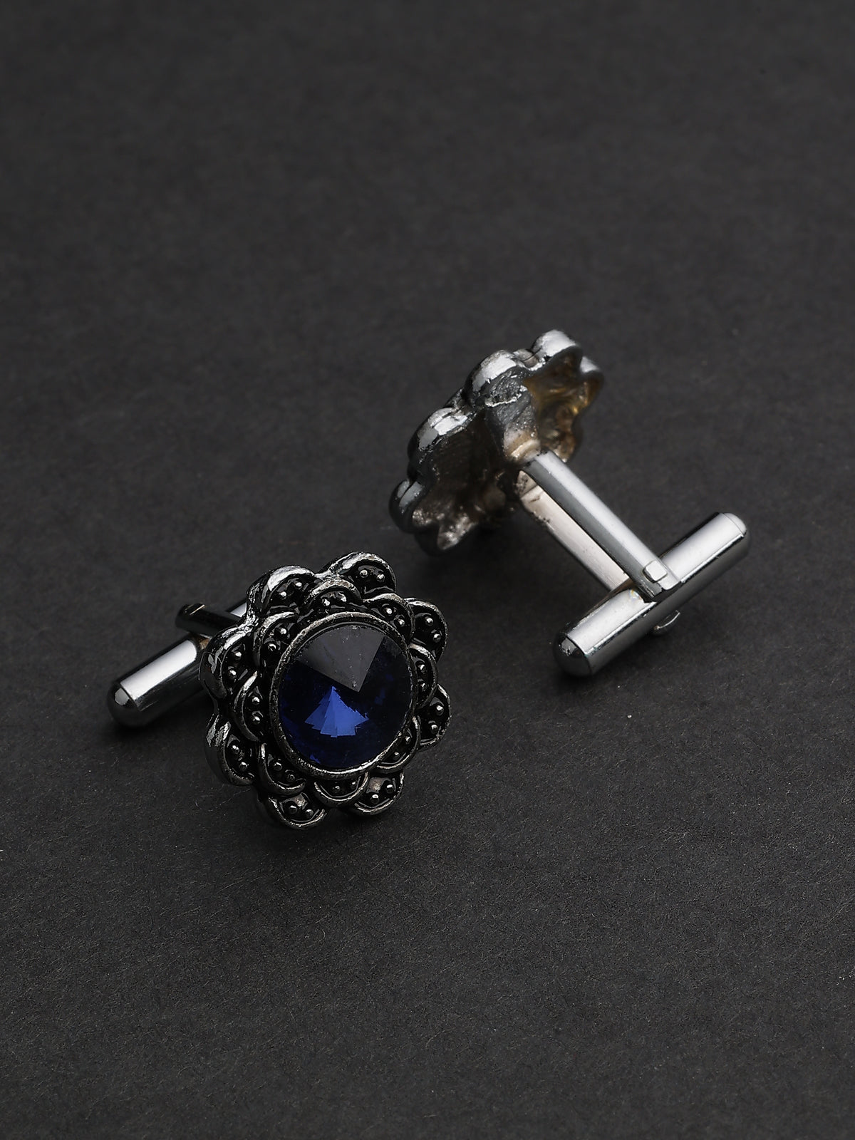 Antique Silver Floral Sapphire Blue Cufflinks