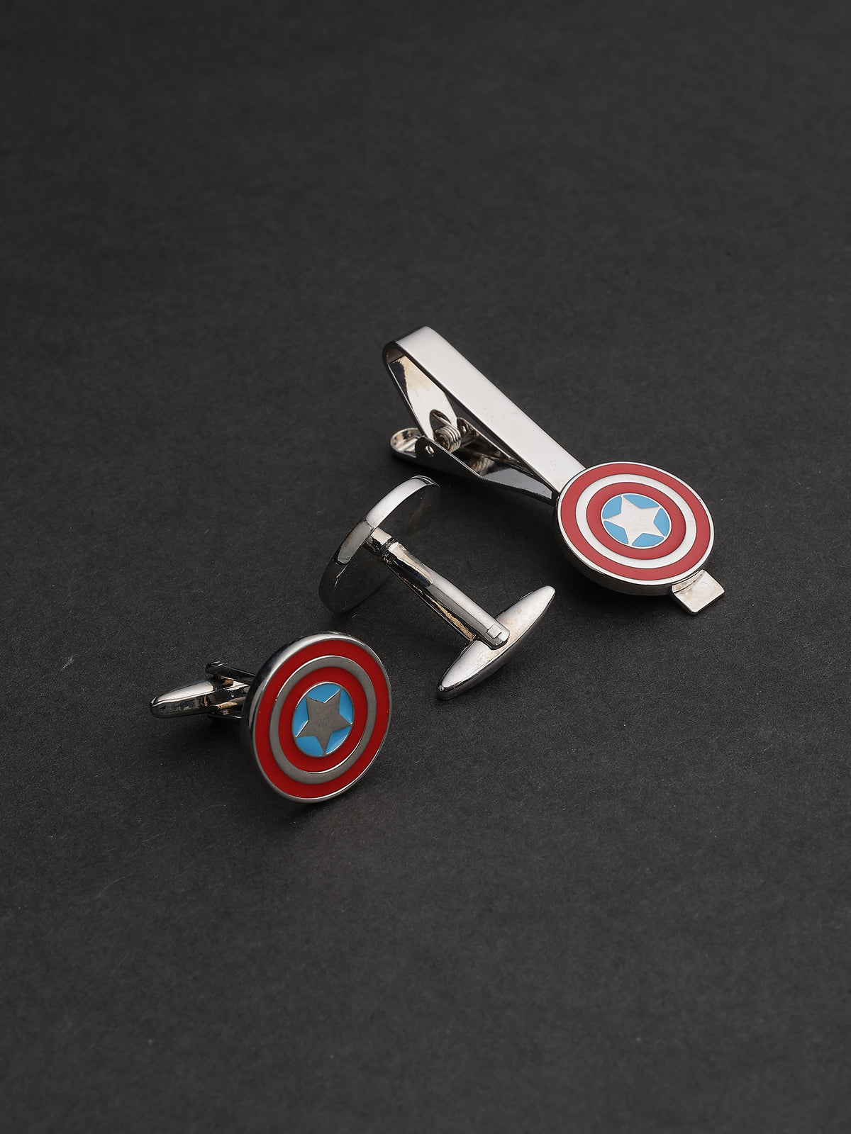Silver Enamel Captain America Shield Cufflinks & Tie Clip Set