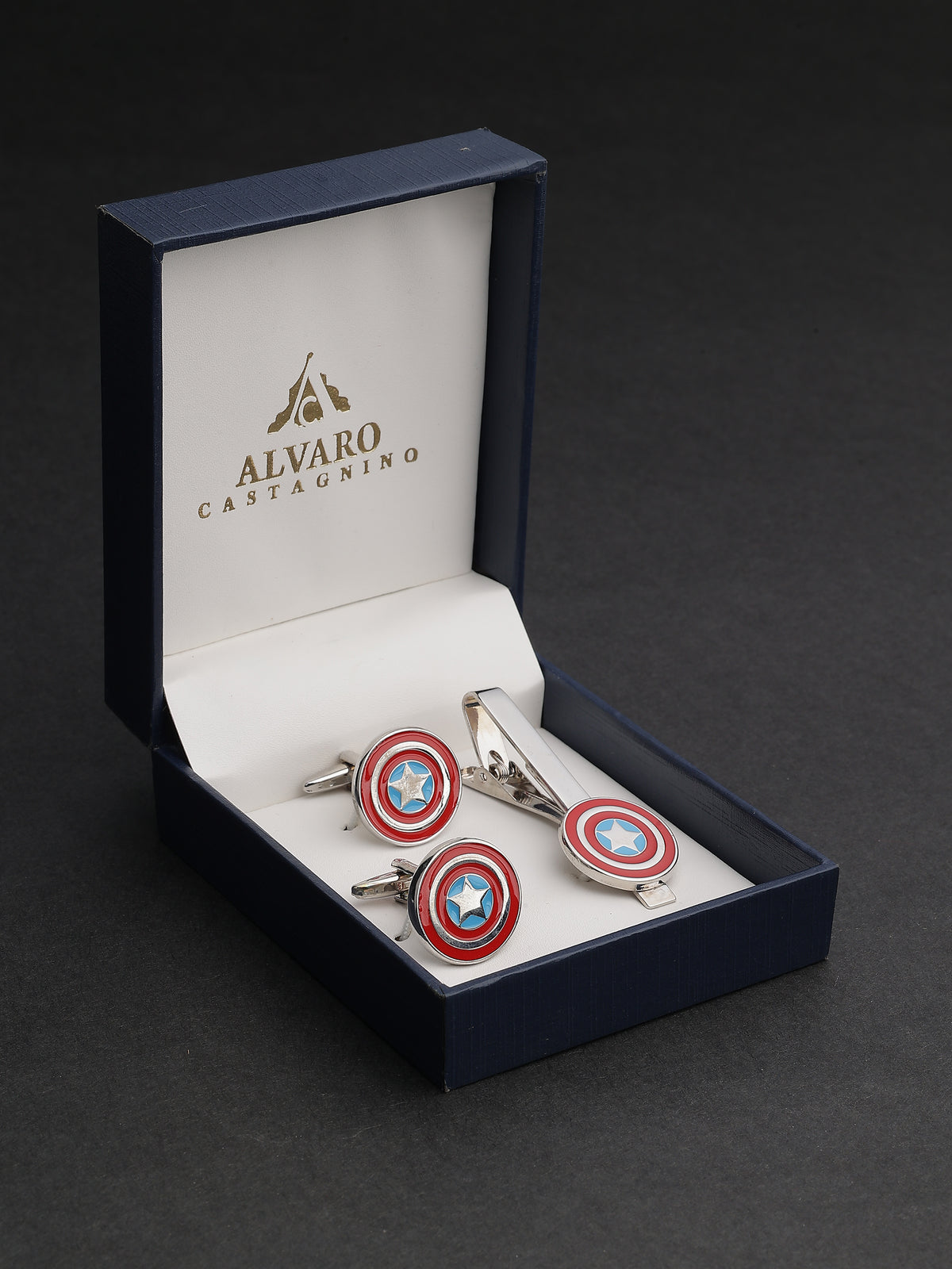 Silver Enamel Captain America Shield Cufflinks & Tie Clip Set