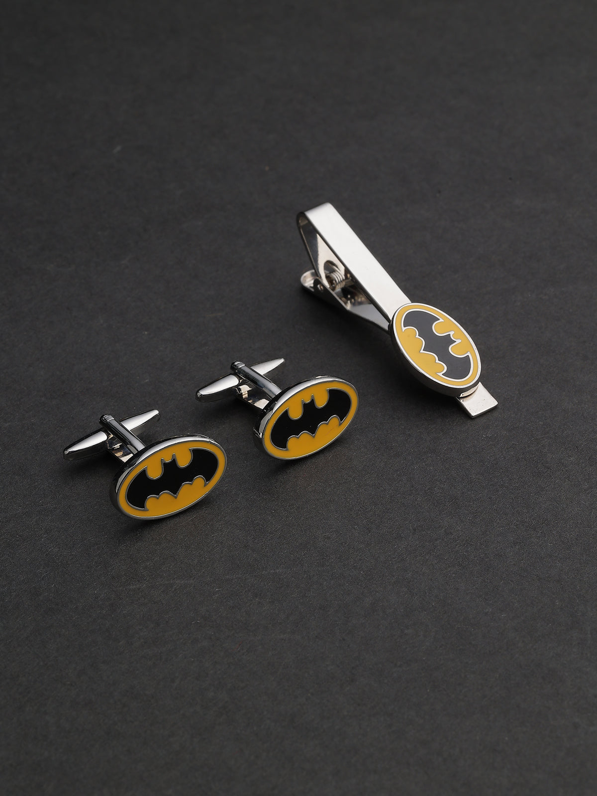 Silver & Yellow Enamel Batman Logo Cufflinks & Tie Clip Set