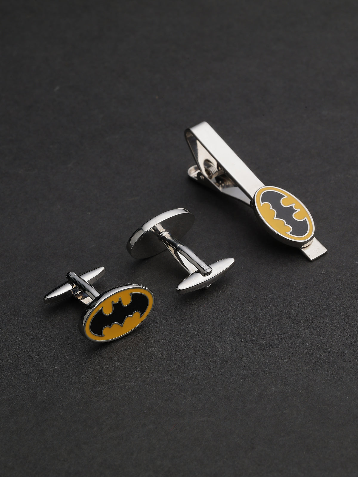 Silver & Yellow Enamel Batman Logo Cufflinks & Tie Clip Set