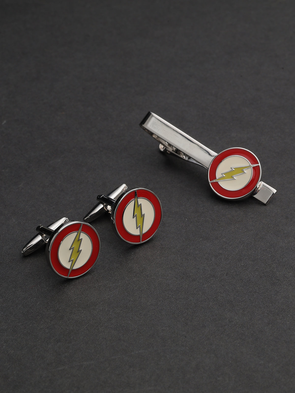 Silver & Red Enamel The Flash Lightning Cufflinks & Tie Clip Set