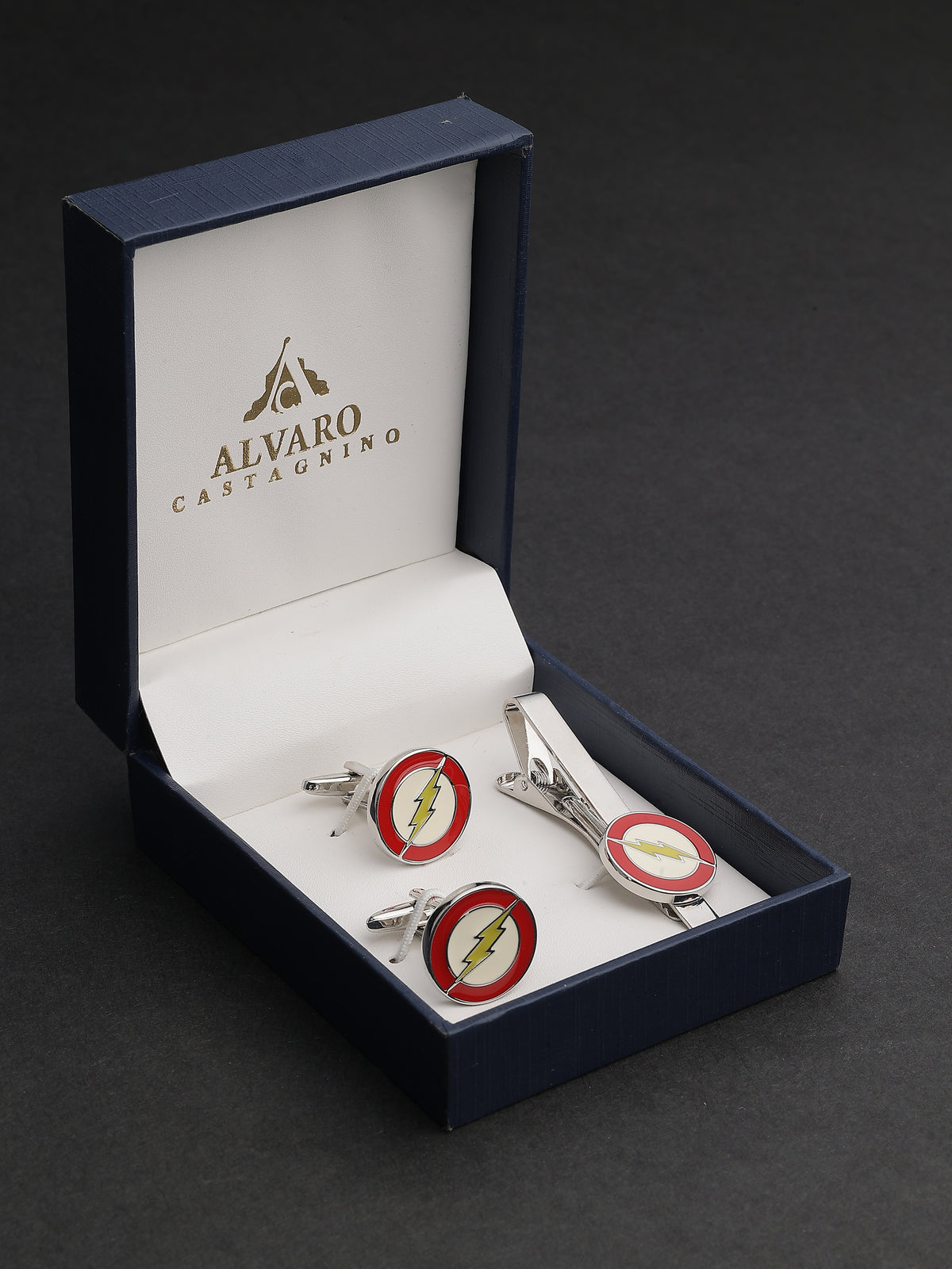 Silver & Red Enamel The Flash Lightning Cufflinks & Tie Clip Set