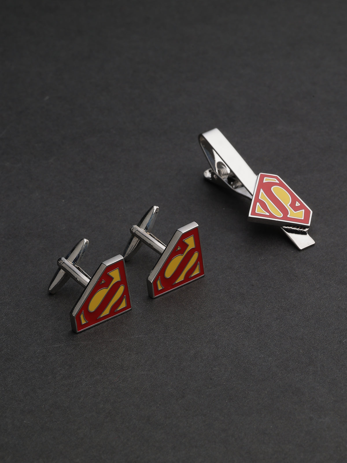 Silver & Red Enamel Superman Logo Cufflinks & Tie Clip Set