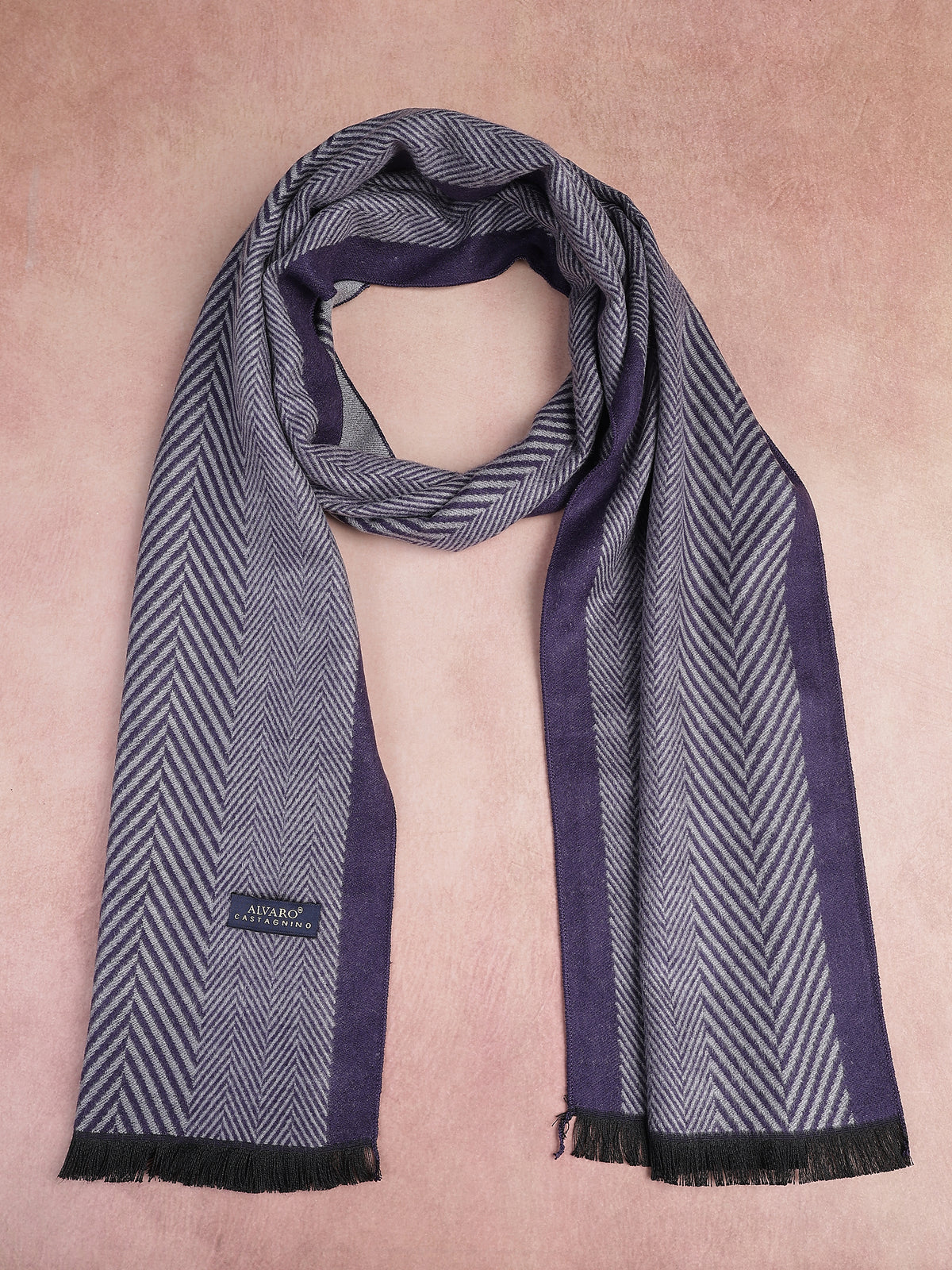 Navy Blue & Slate Herringbone Border Winter Muffler