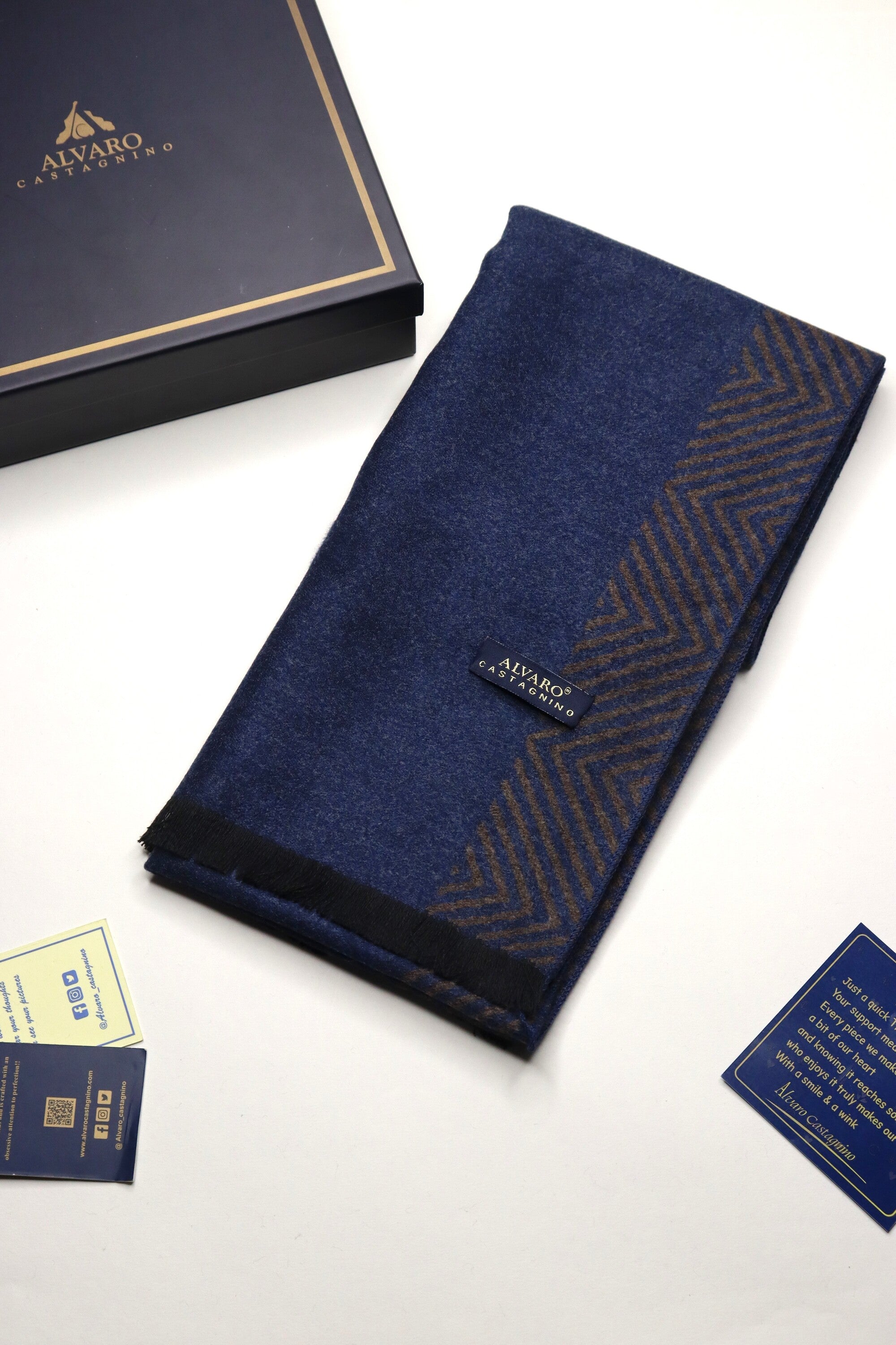 Navy Blue Solid Muffler With Herringbone Design