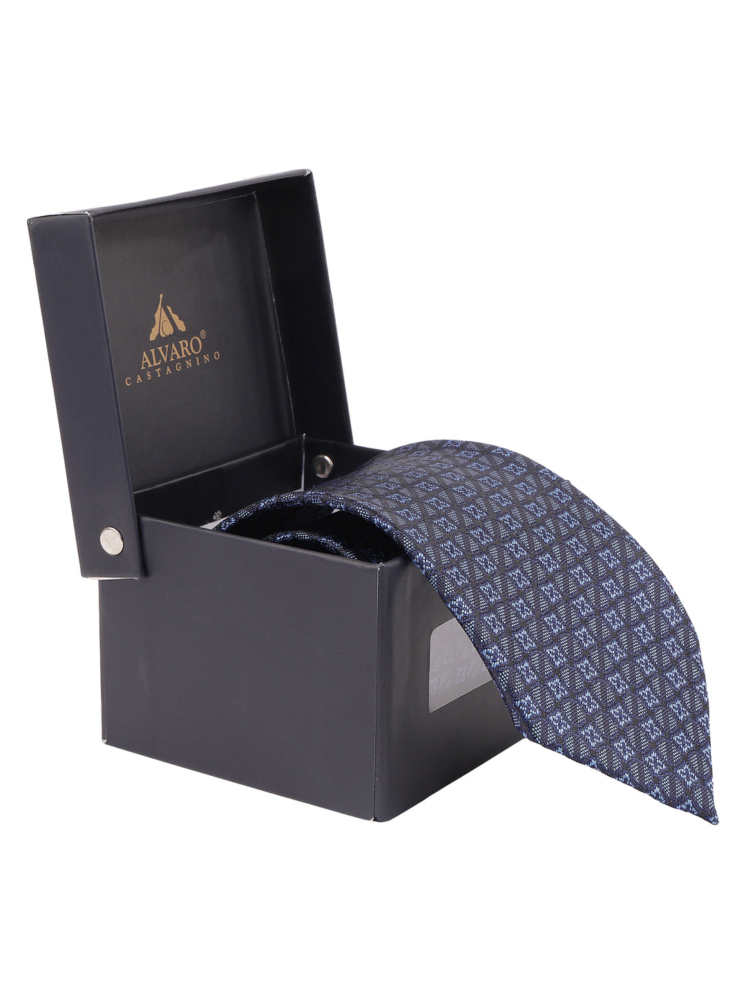 Classic Navy Blue & Light Blue Geometric Patterned Formal Necktie