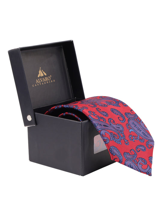 Red & Navy Blue Paisley Woven Formal Necktie