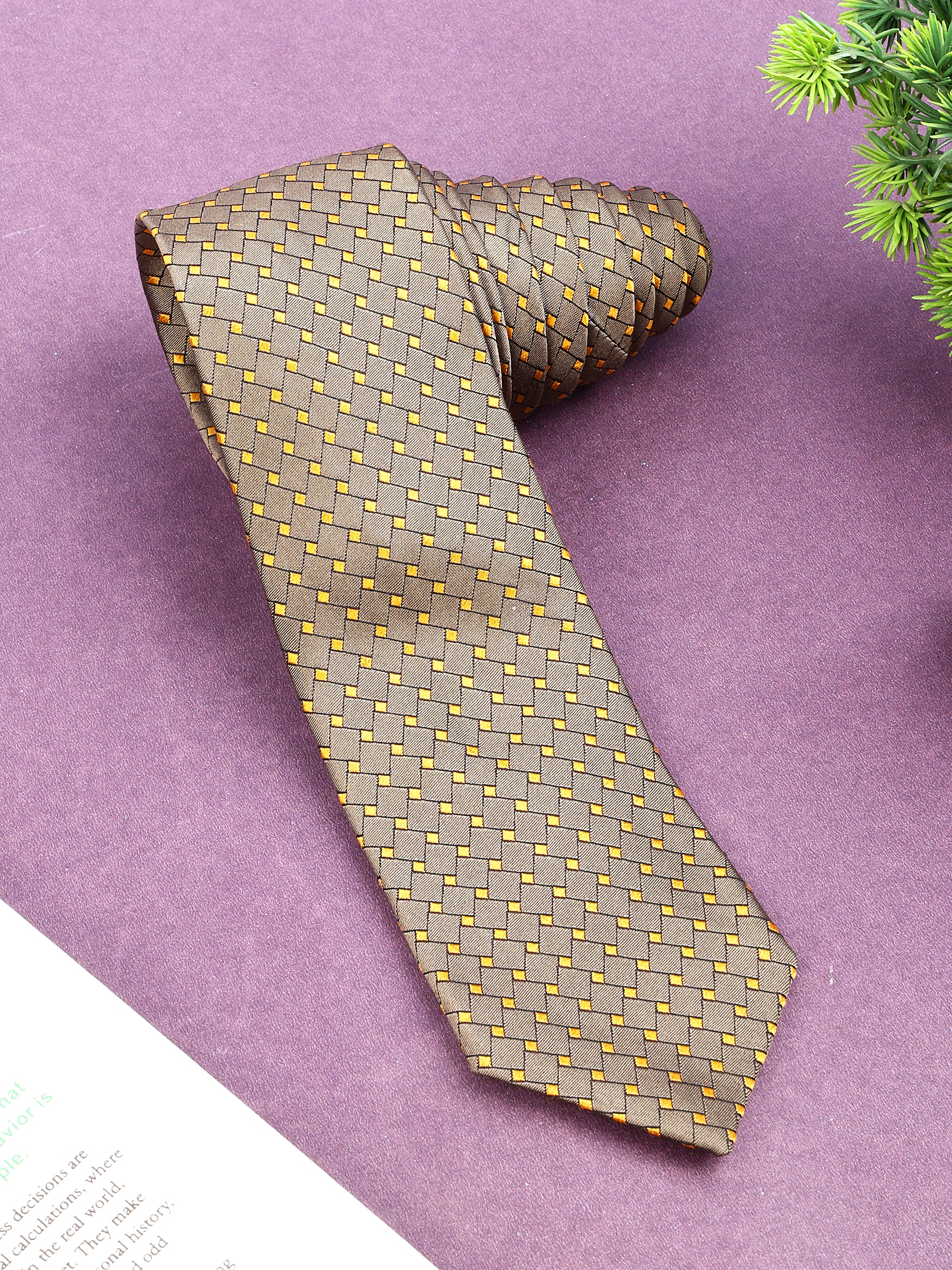 Grey & Yellow Geometric Woven Silk Necktie