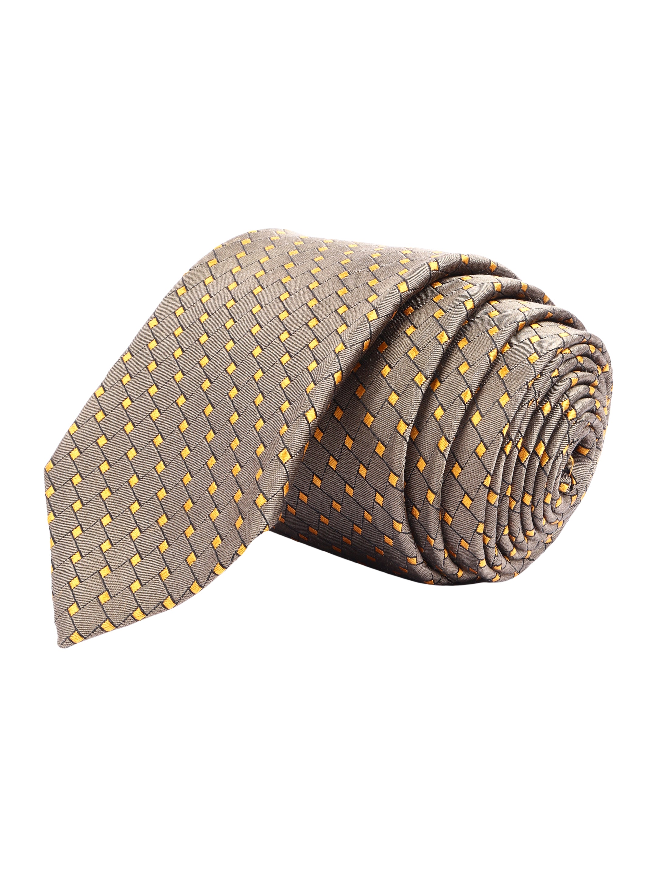 Grey & Yellow Geometric Woven Silk Necktie