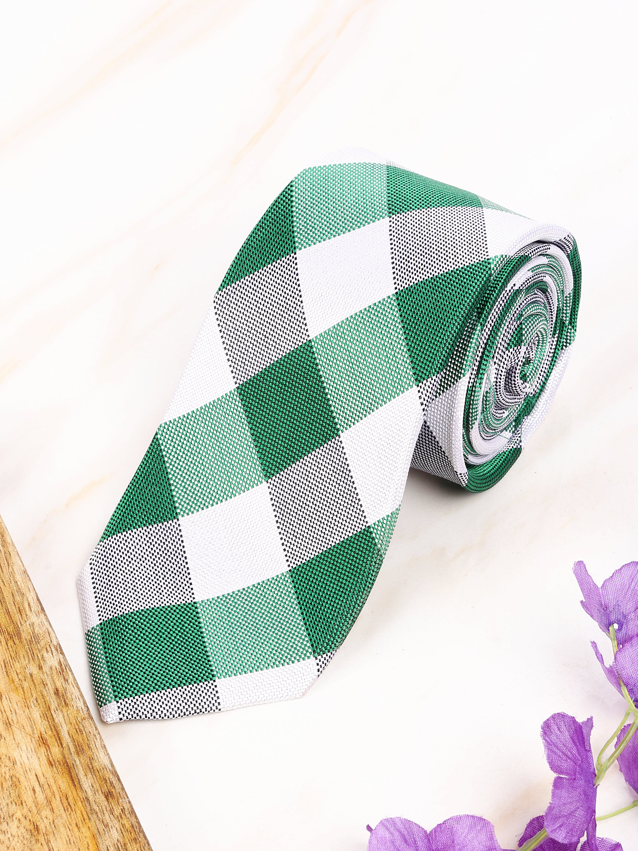 Checked Green & White Silk Necktie