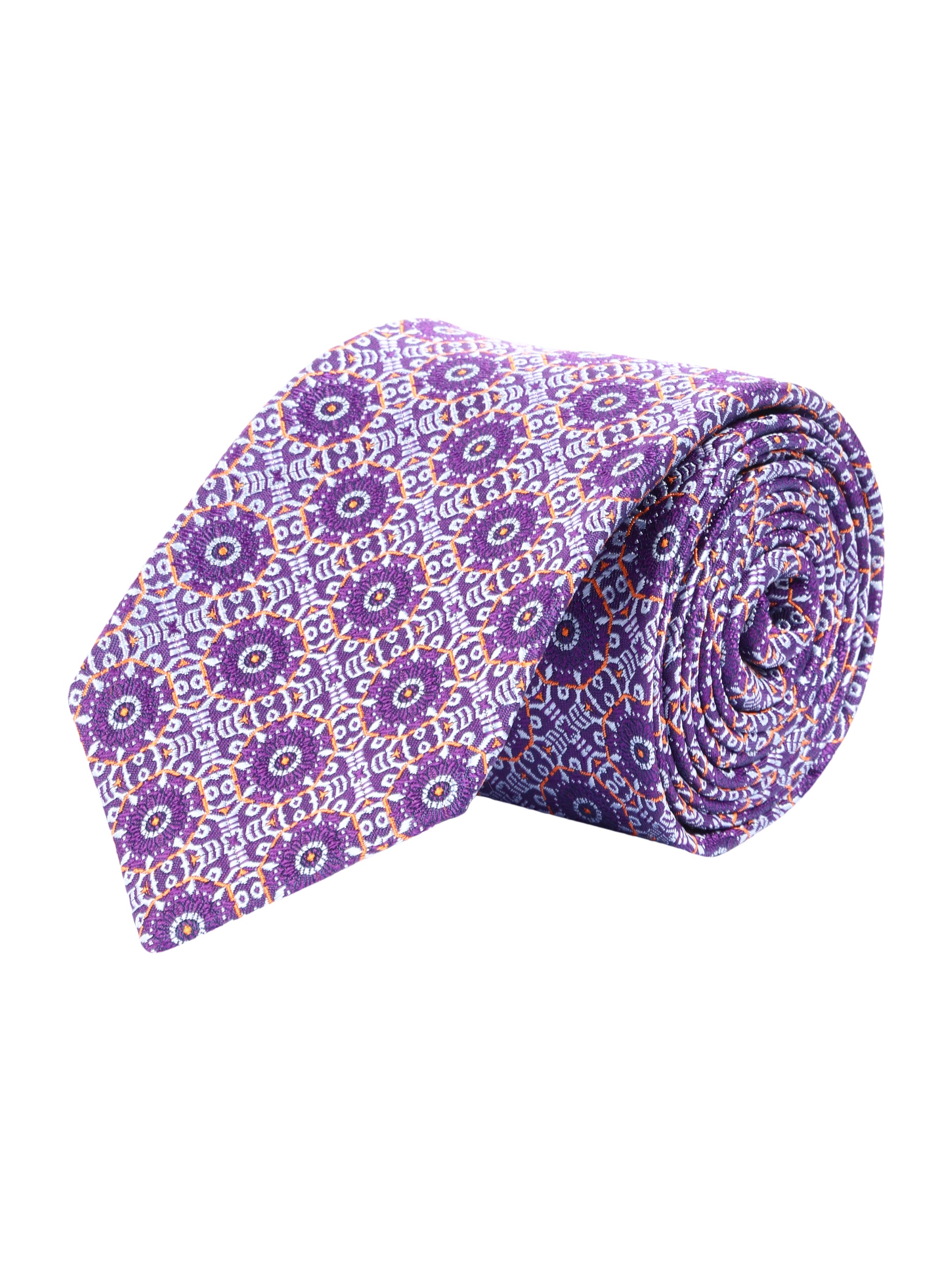 Purple & White Geometric Printed Silk Necktie