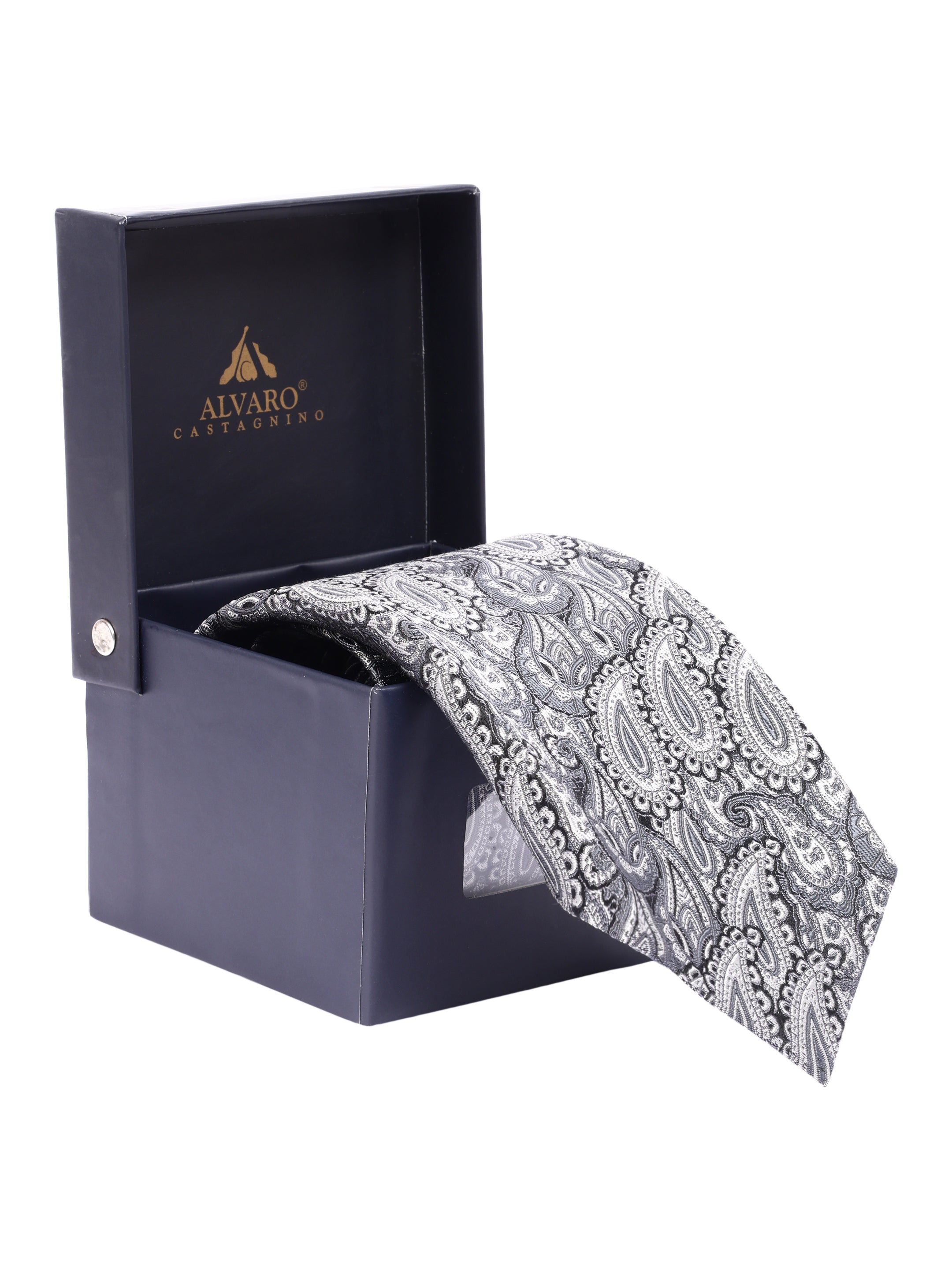 Grey Paisley Printed Silk Necktie