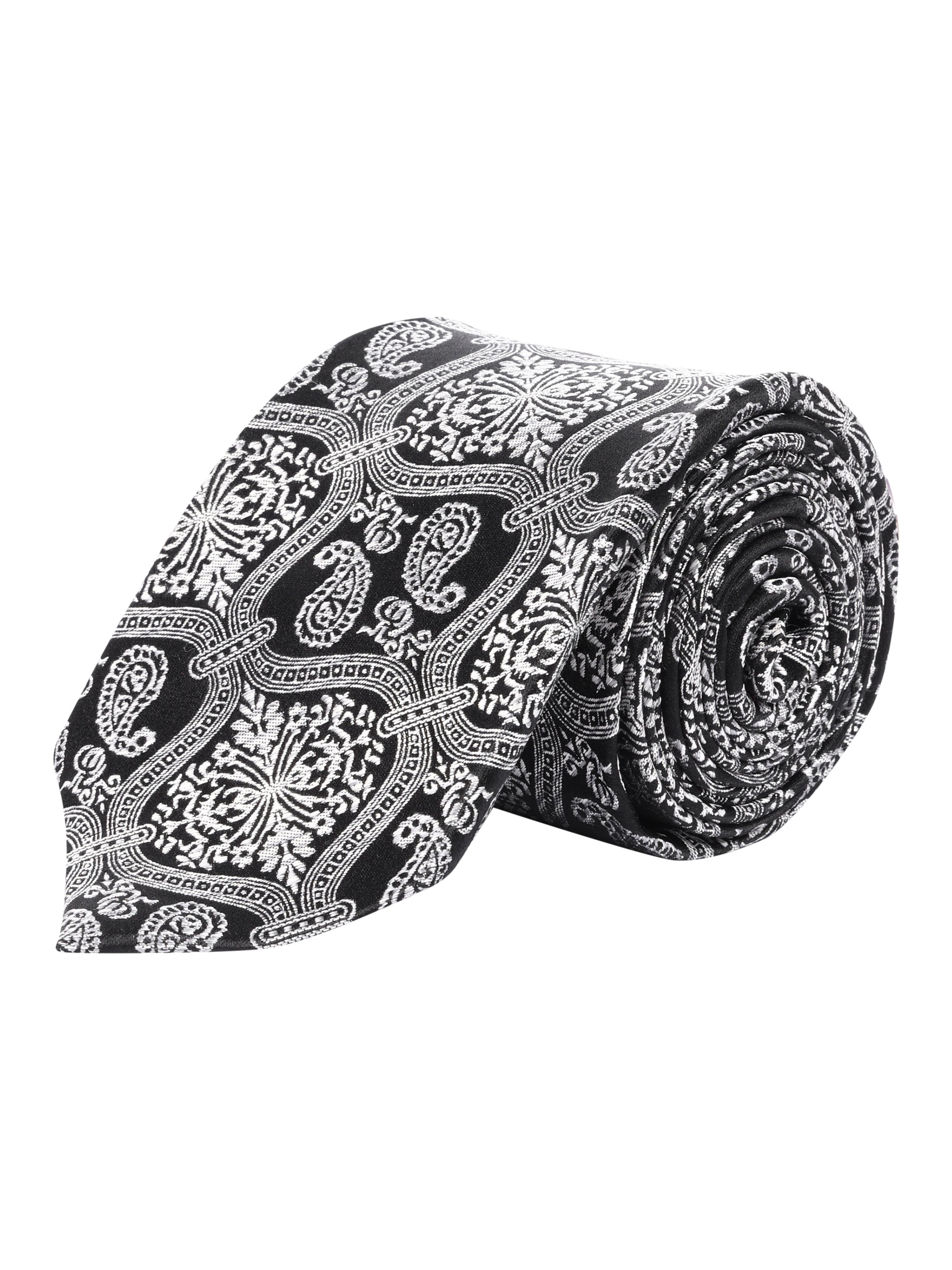 Black & White Paisley Printed Silk Necktie