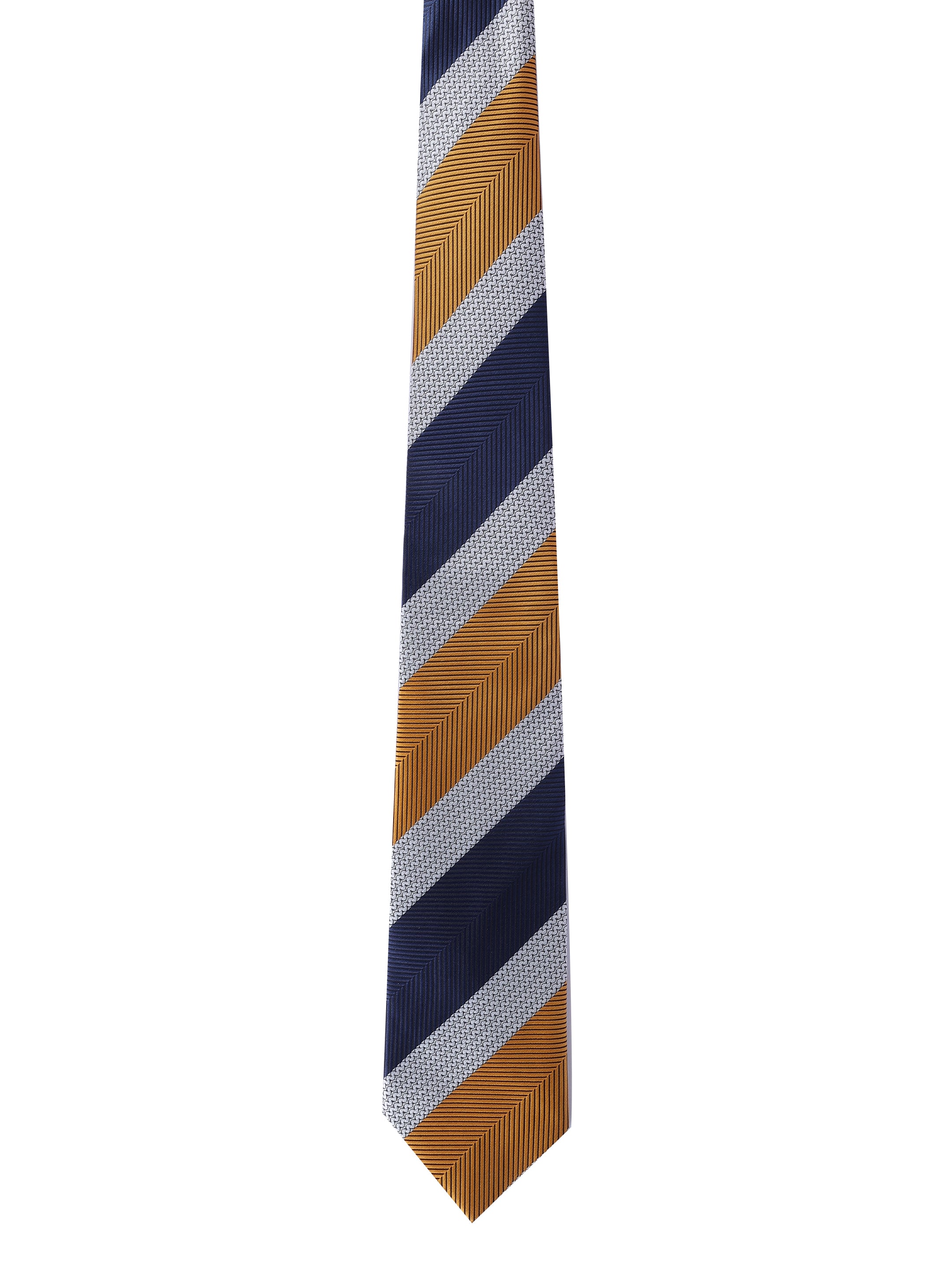 Navy Blue, Mustard Yellow & Grey Striped Necktie