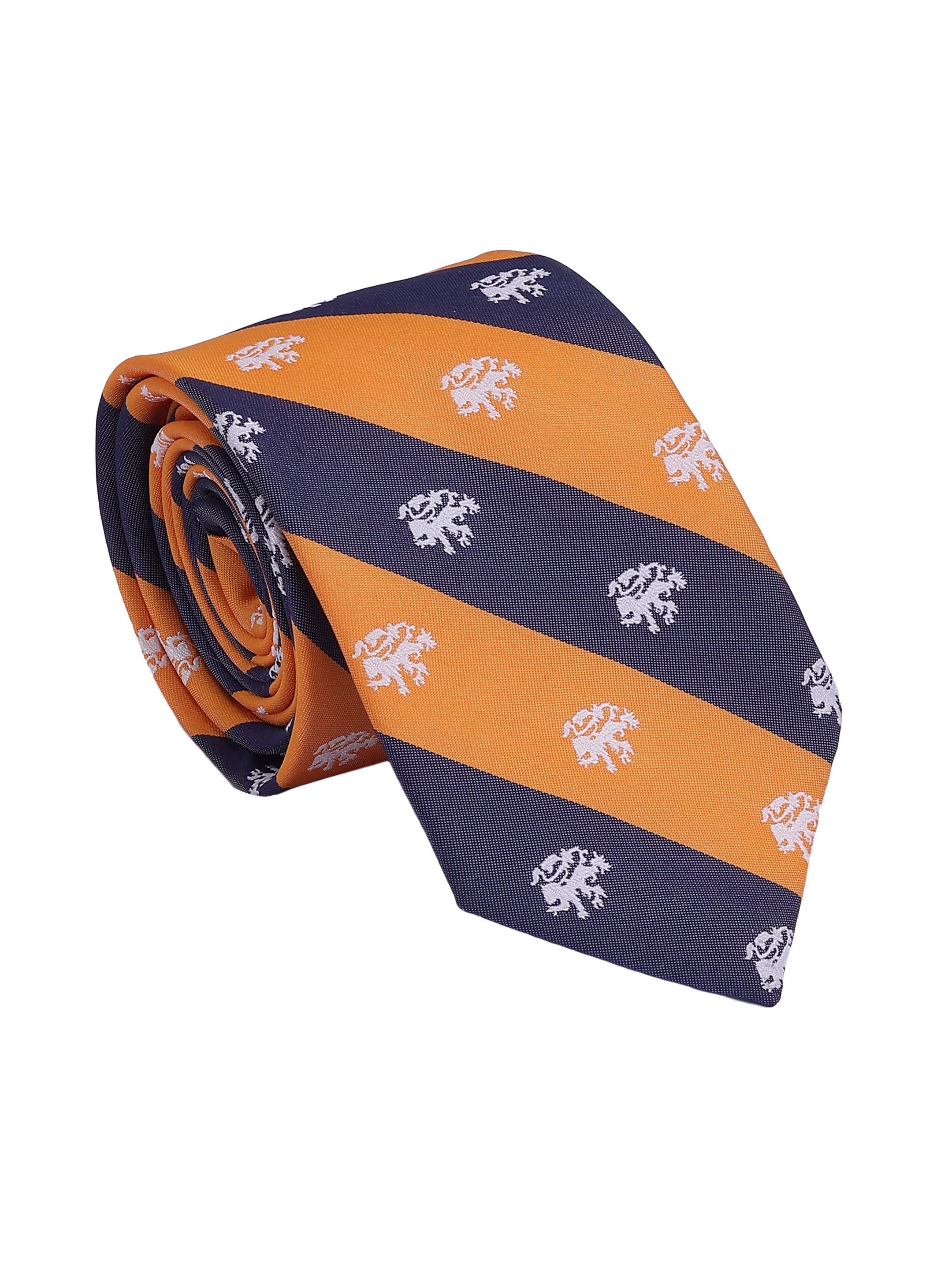Navy Blue & Orange Striped Woven Formal Necktie