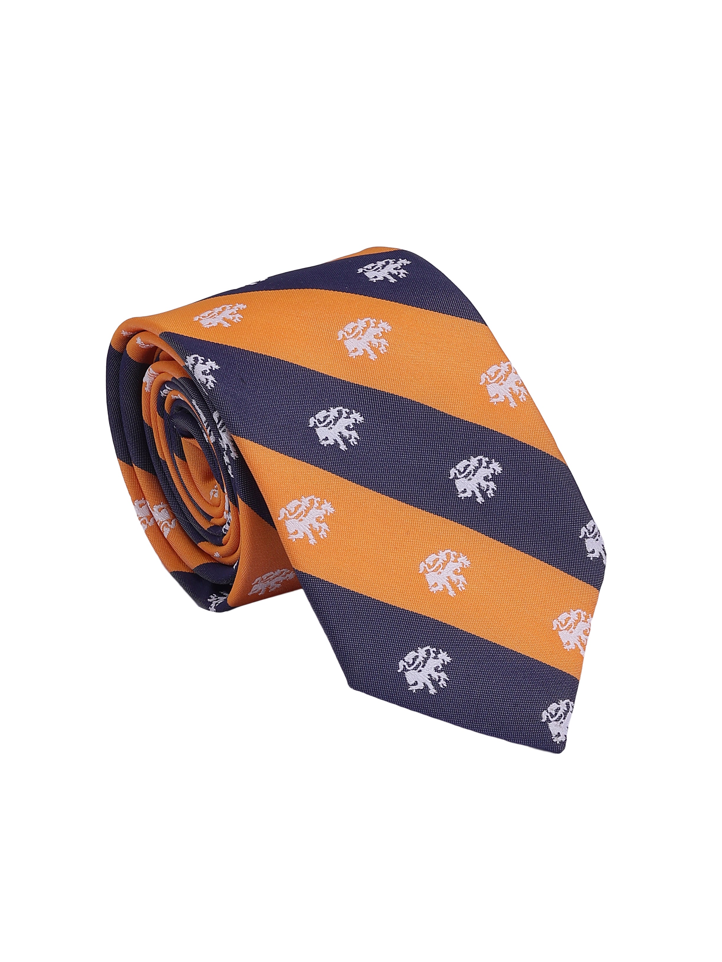 Navy and orange striped tie with white floral patterns on a white background