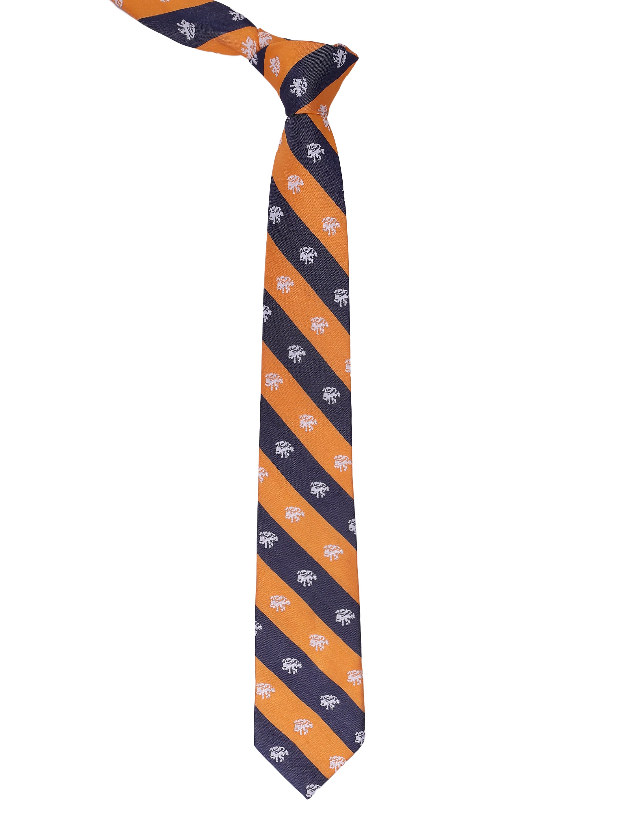 Navy and orange striped tie with a pattern on a white background