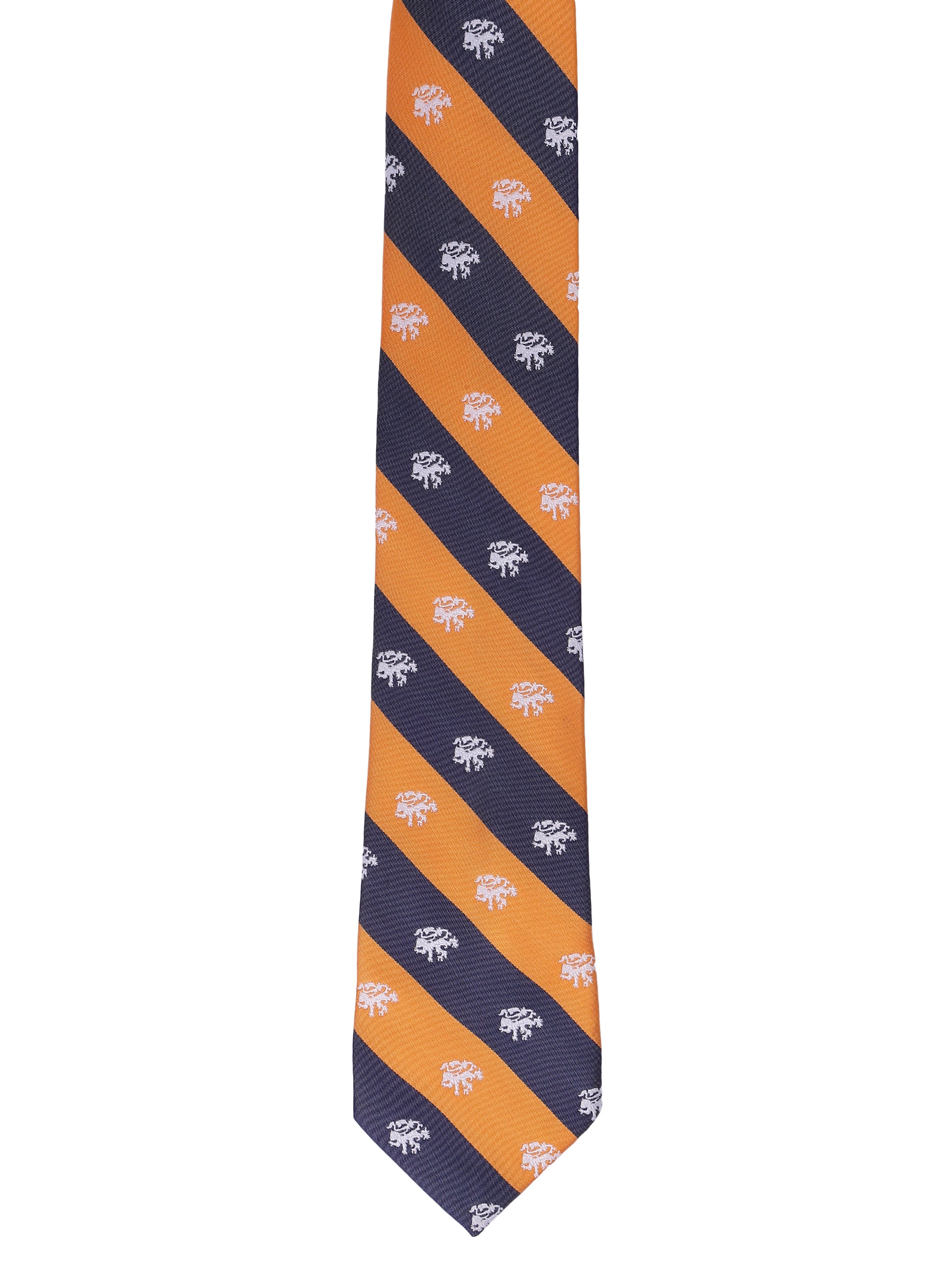 Navy and orange striped tie with a pattern on a white background