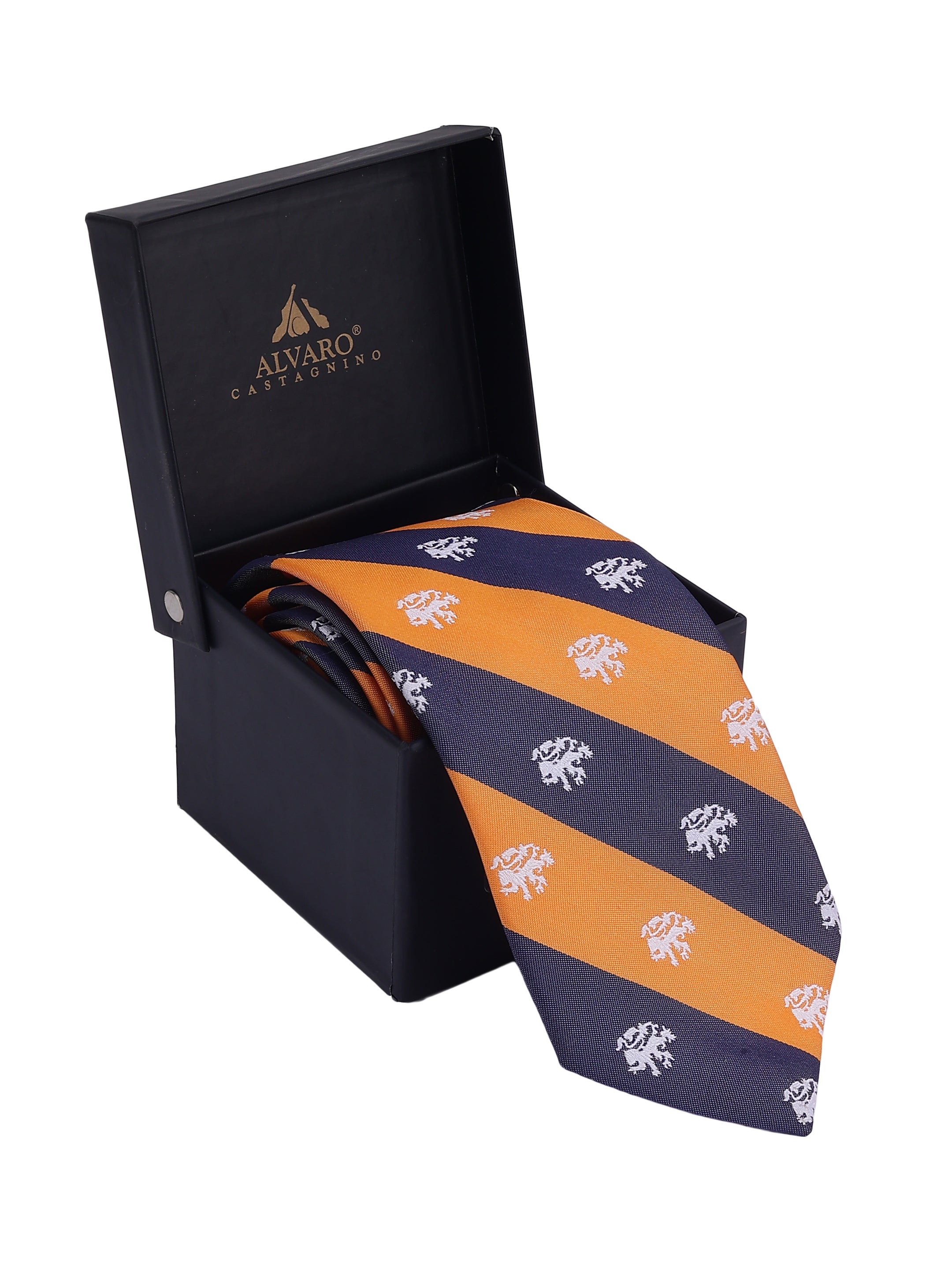 Navy and orange striped tie with white patterns in a black box, featuring Alvaro Castaneda branding.