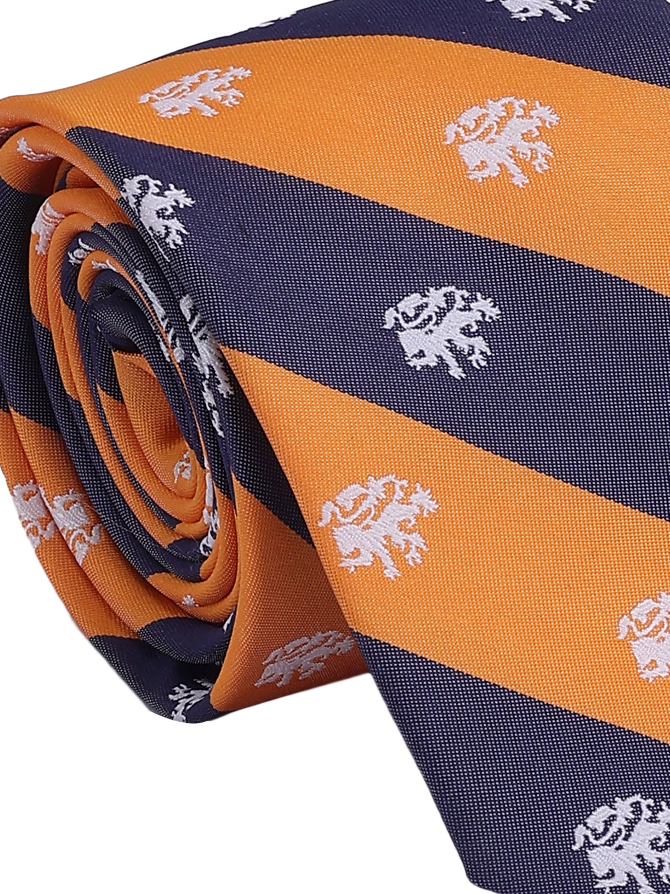 Navy and orange striped tie with white floral patterns on a white background