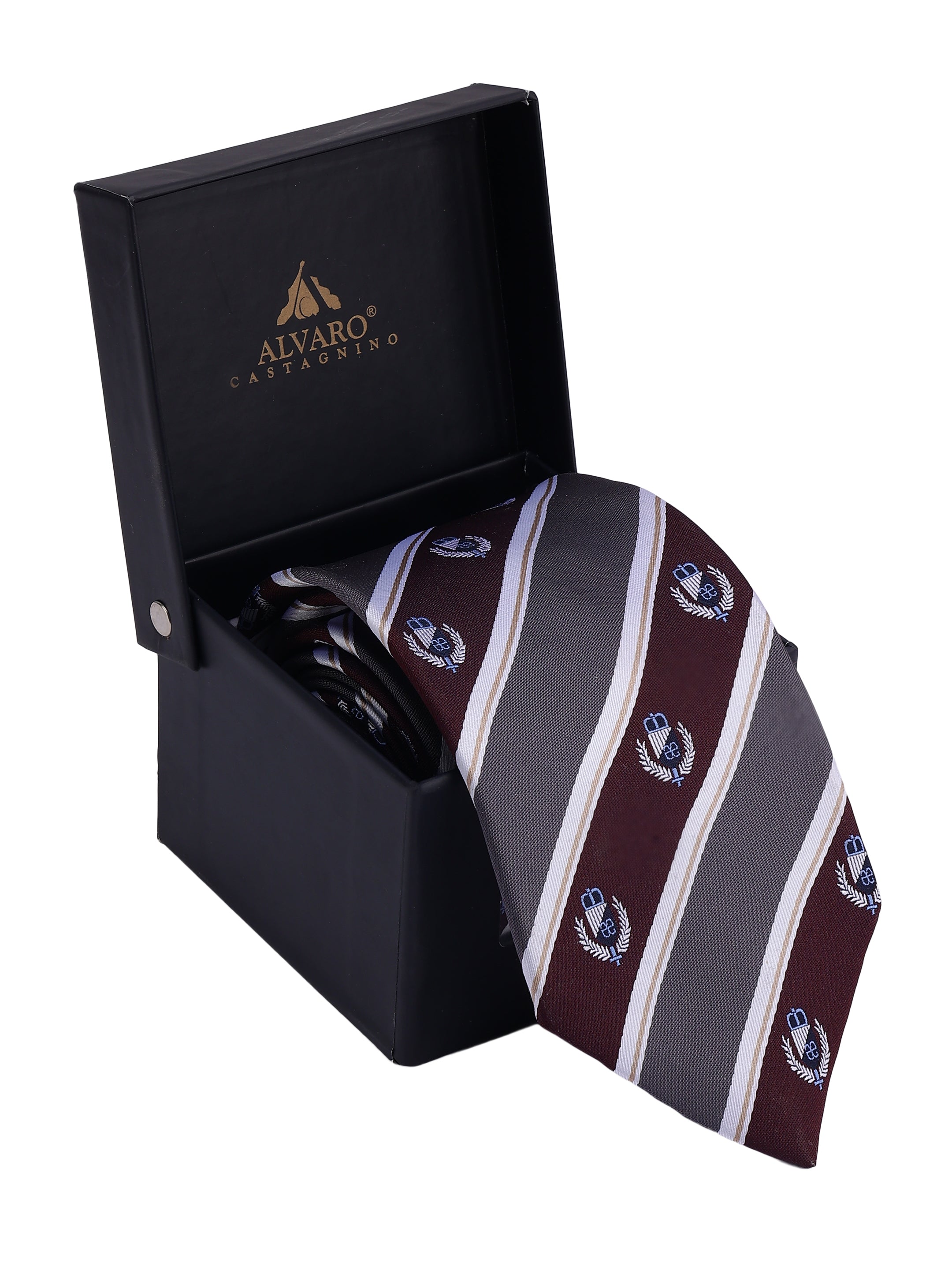 Striped tie with logo design in a black Alvaro Castagnino box
