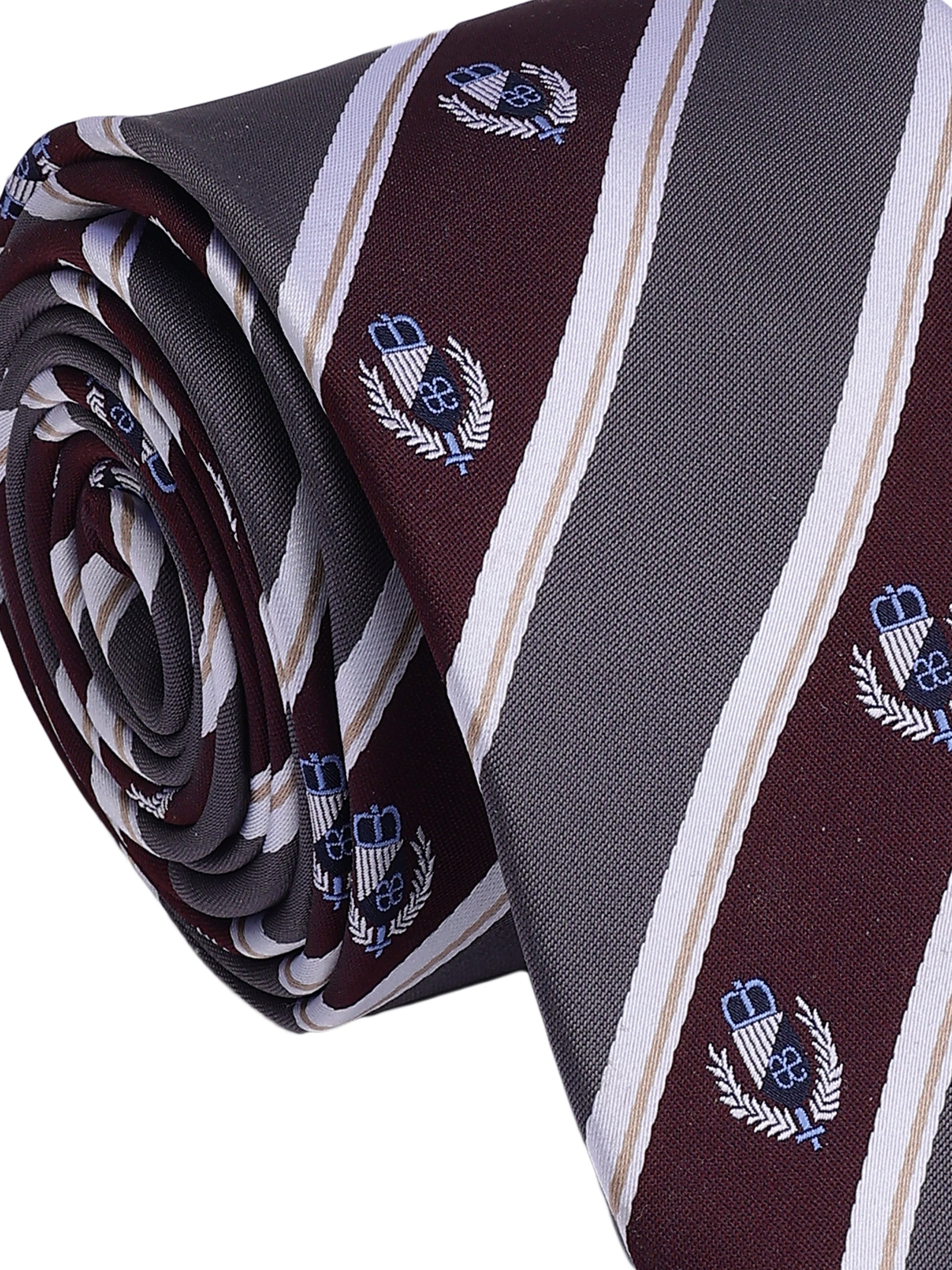 Folded tie with striped pattern and emblem design on a white background