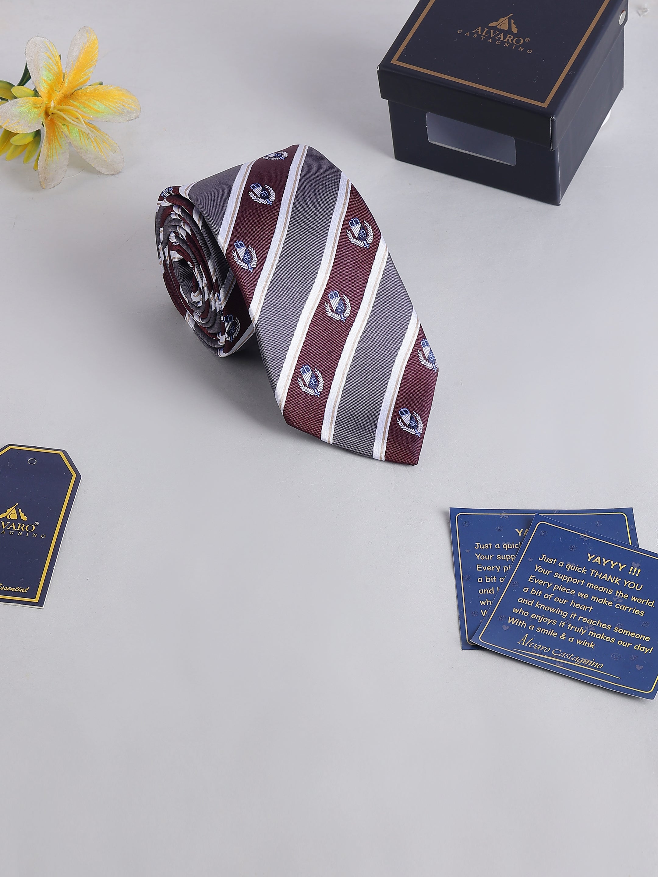 Striped tie with decorative elements on a light gray surface, accompanied by branded cards and a box.