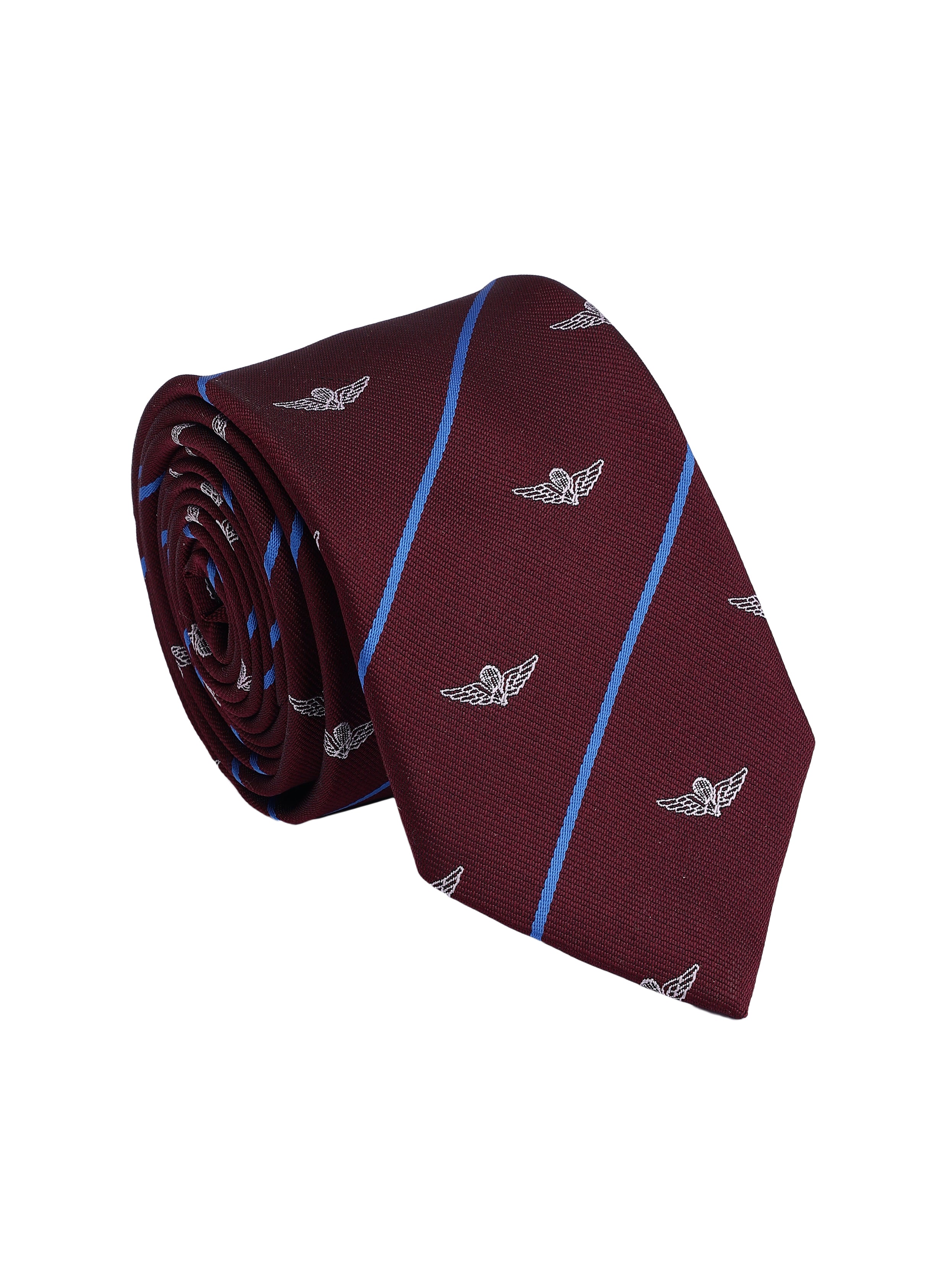 Maroon tie with blue stripe and small winged heart pattern on a white background