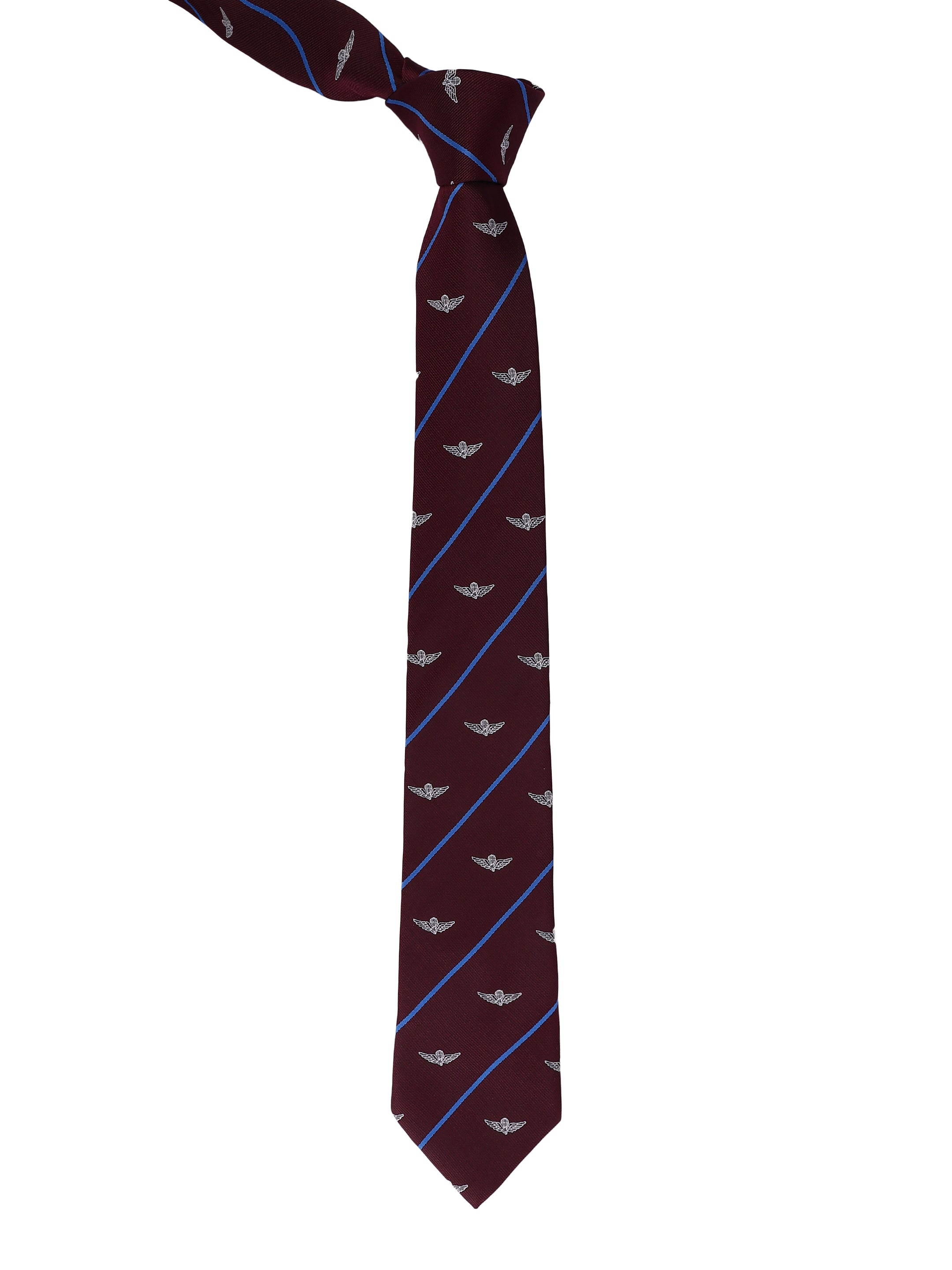 Maroon tie with blue stripes and white patterns on a white background