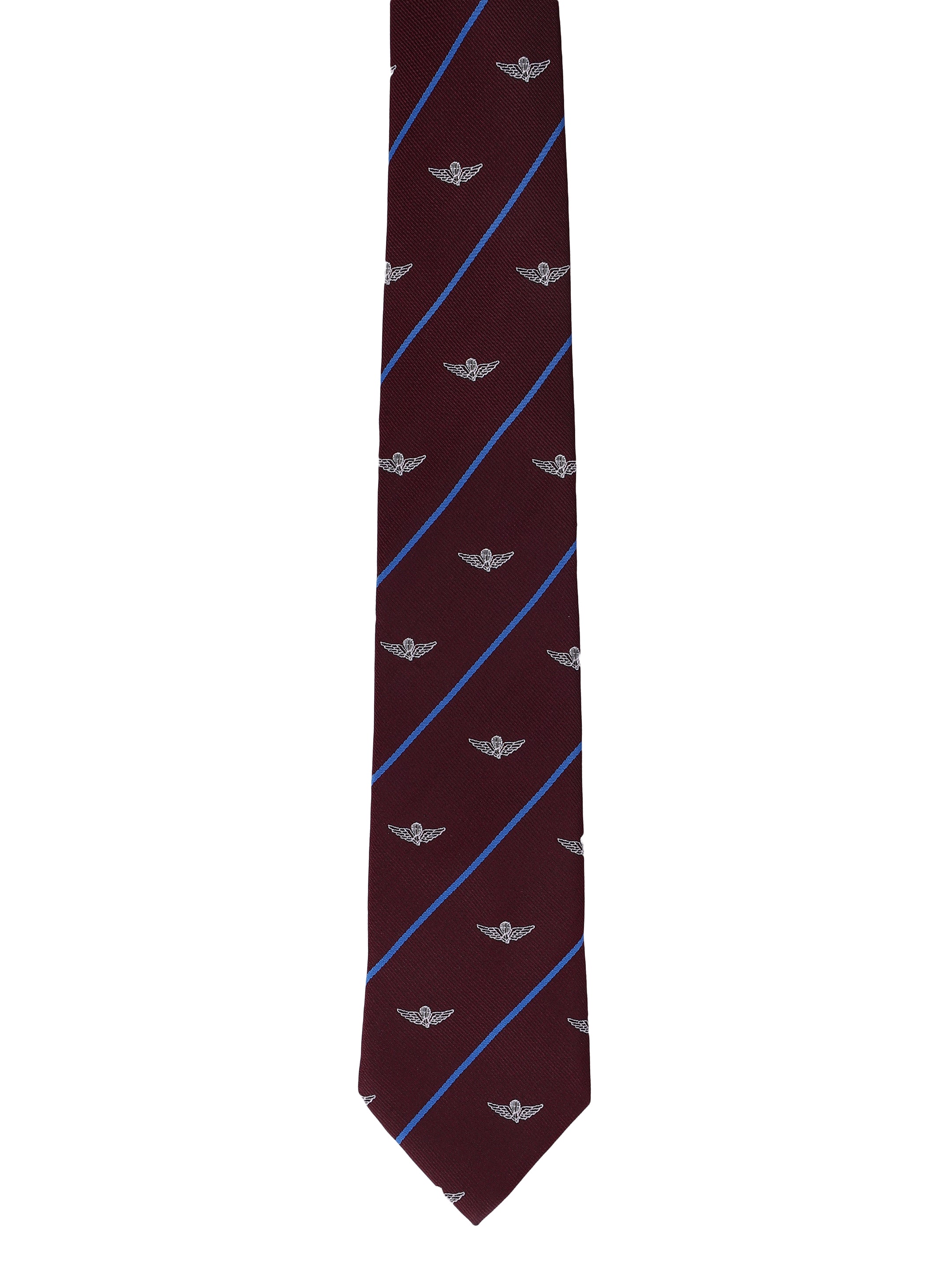 Maroon tie with blue stripes and silver winged heart designs on a white background