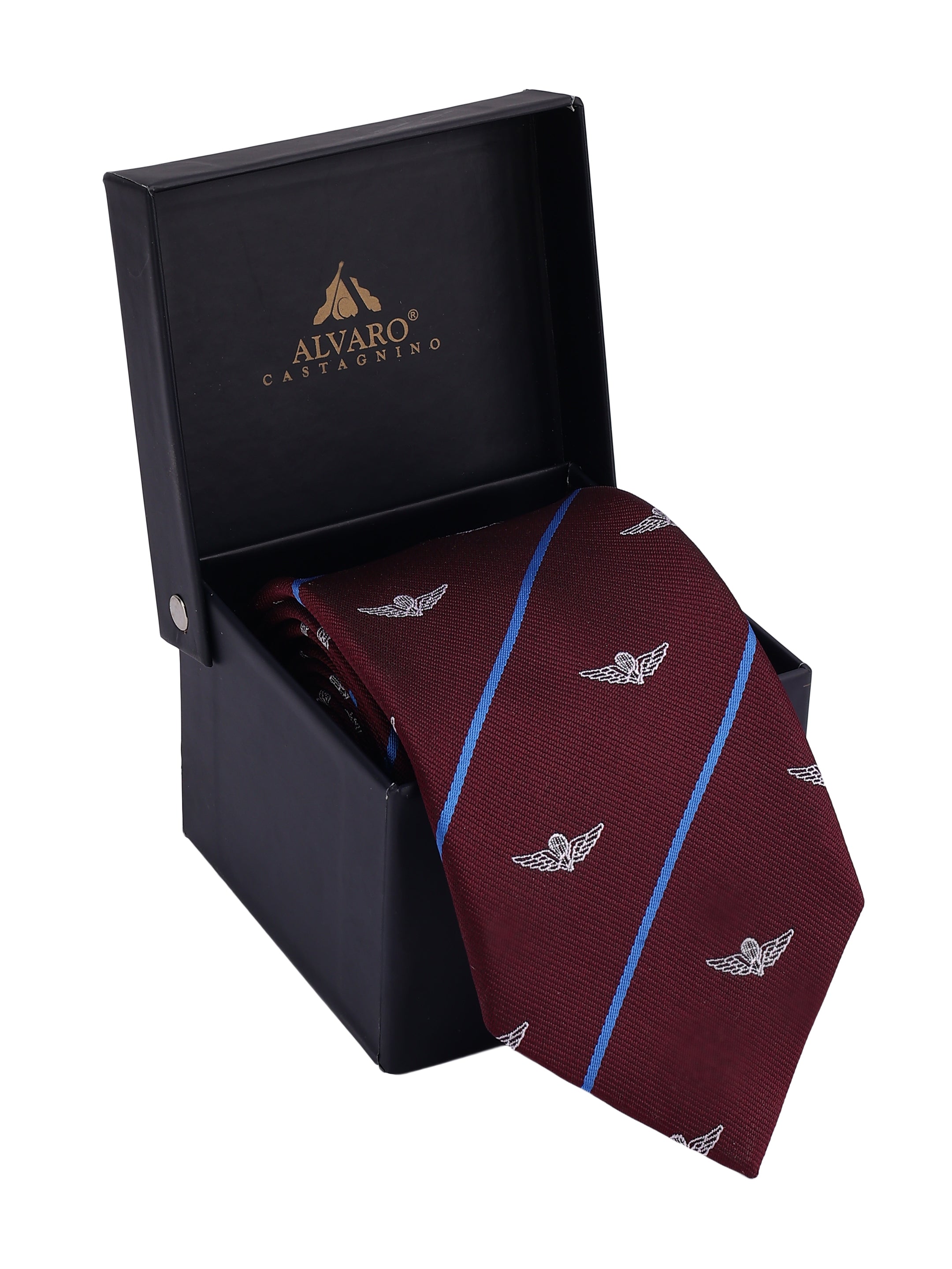 Maroon tie with white patterns and blue stripe in a black Alvato Castagna box.