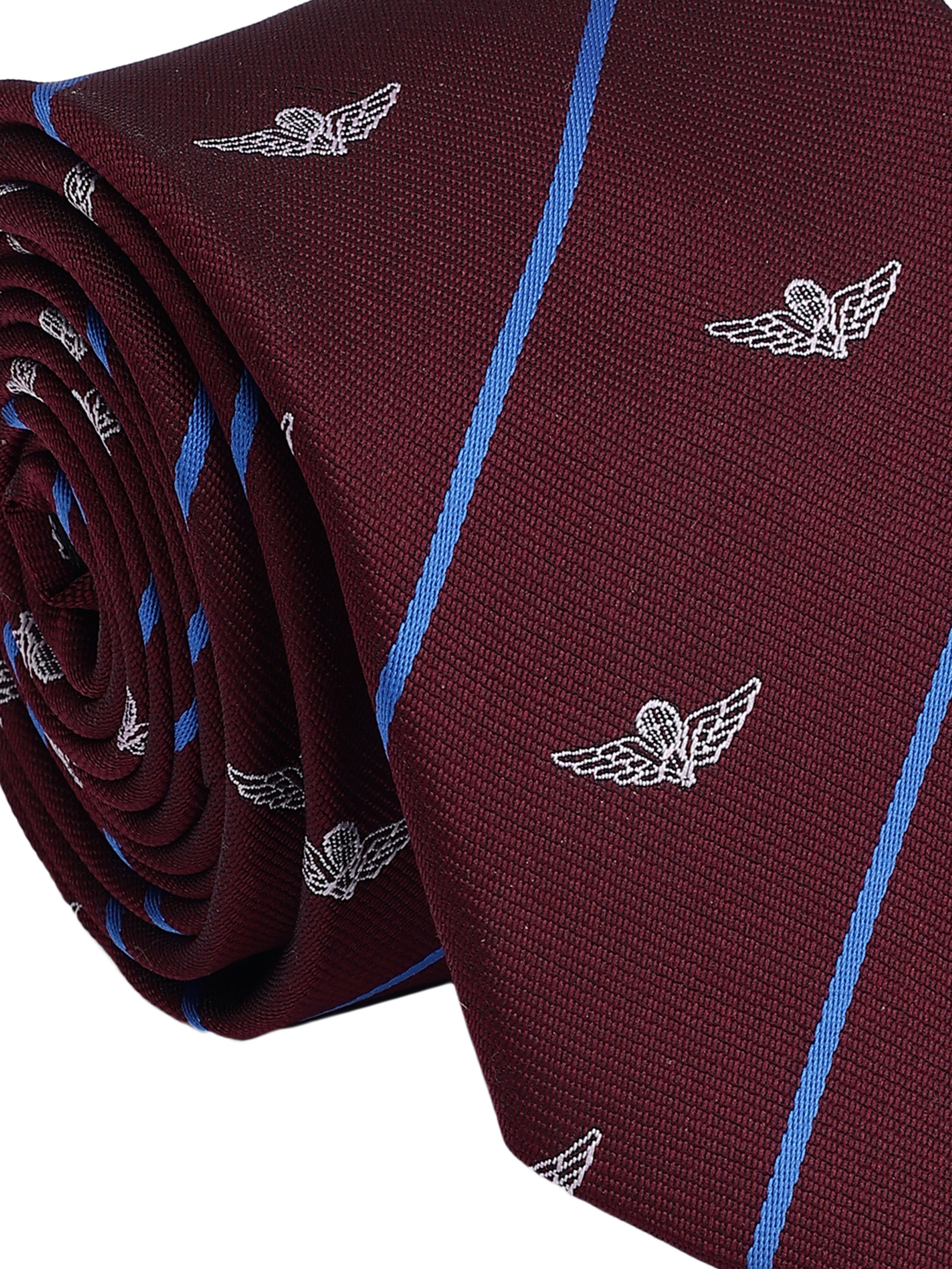 Maroon tie with blue stripes and white winged emblem pattern on a white background