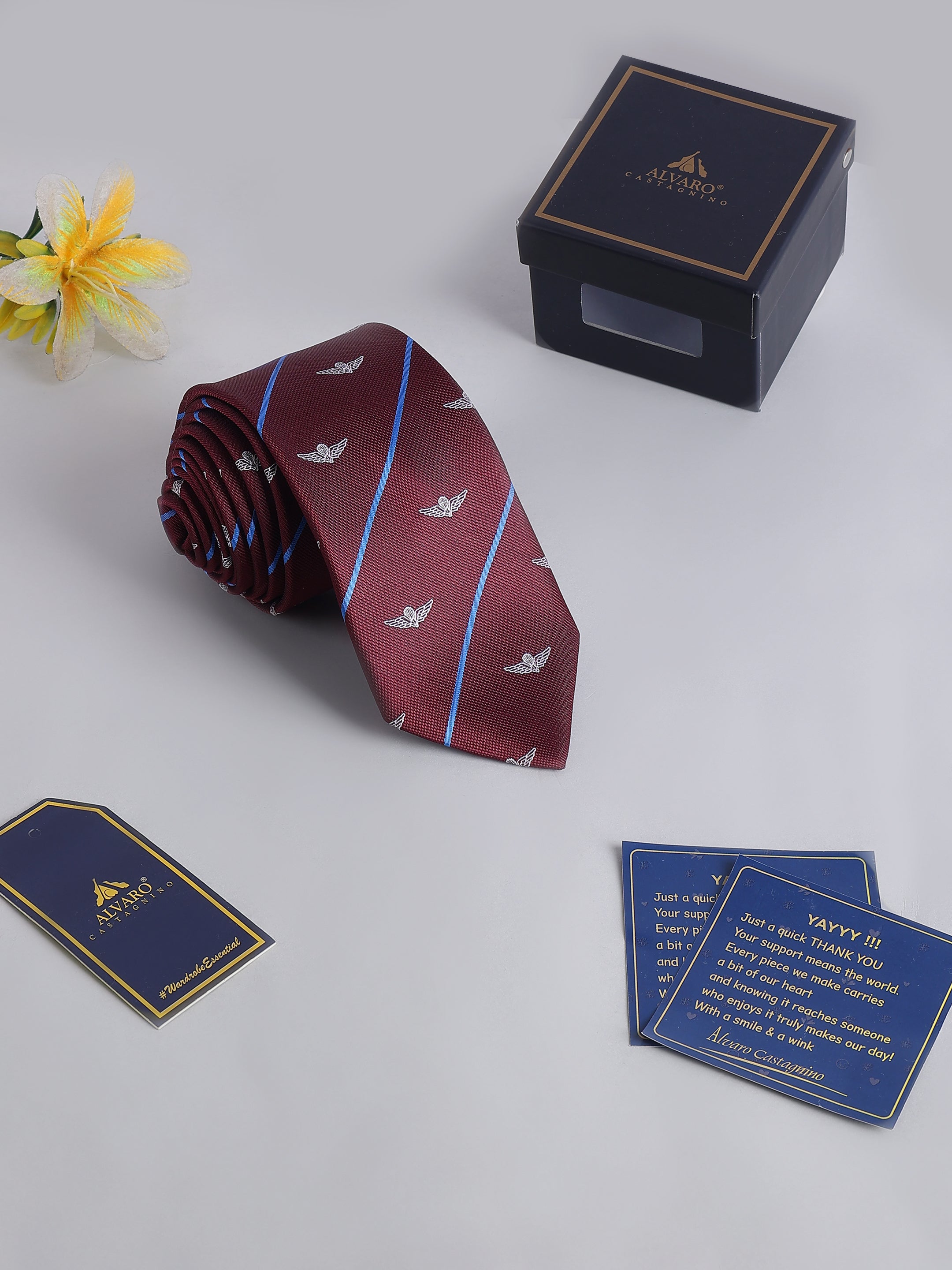 Maroon tie with blue stripes, branded box, and cards on a light gray background
