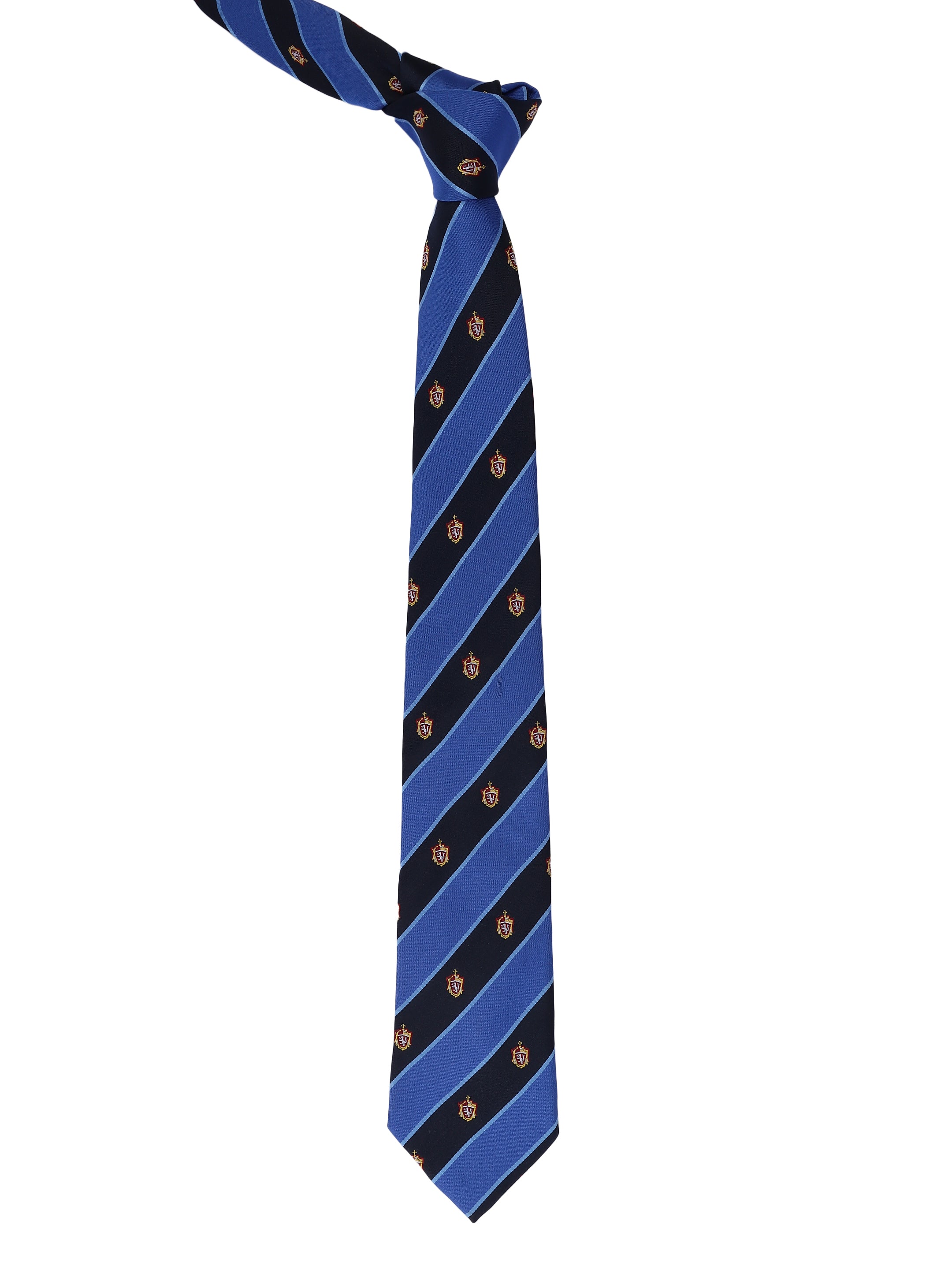 Blue and black striped tie with small patterns on a white background