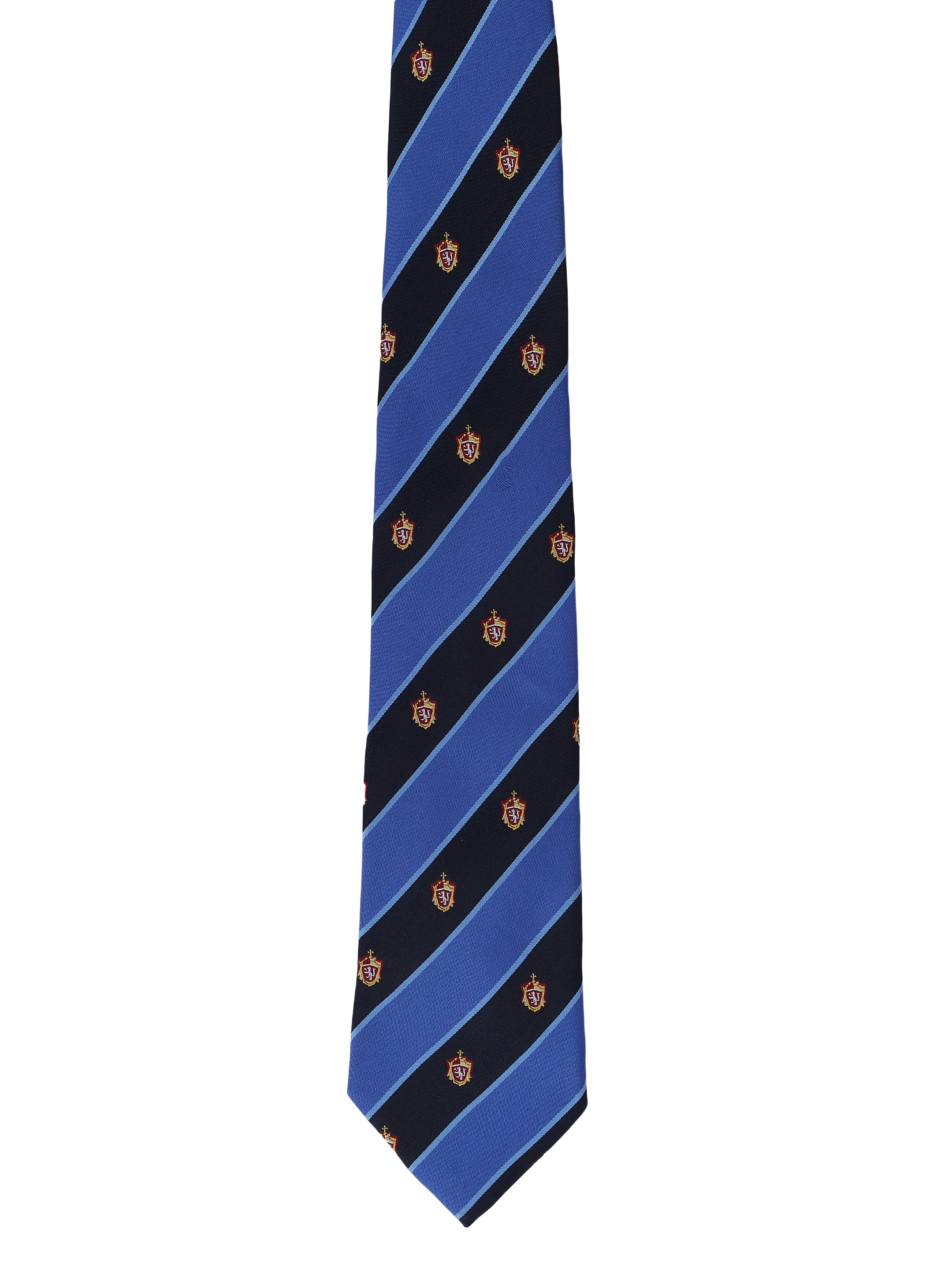 Blue and black striped tie with small logos on a white background
