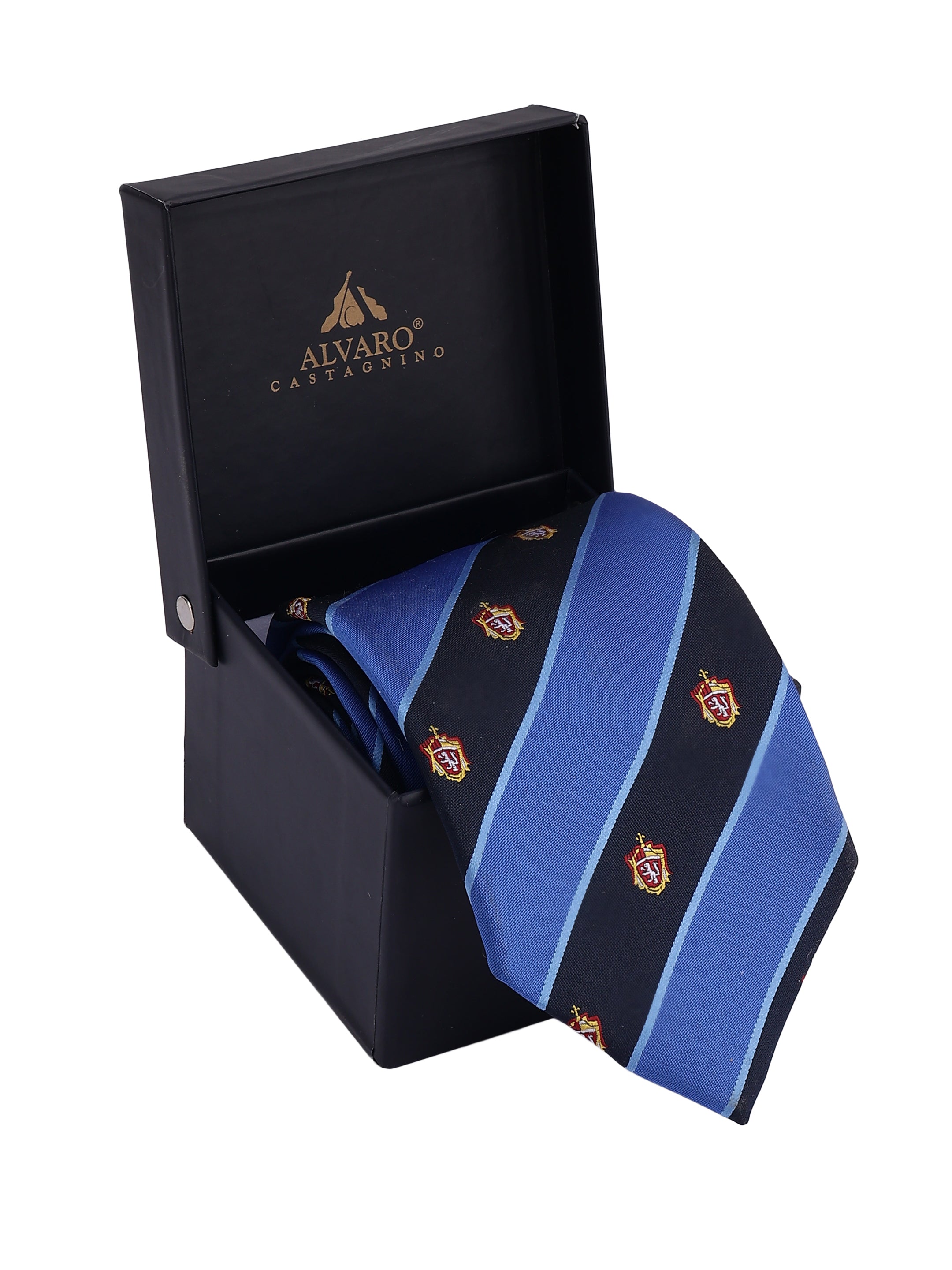 Blue striped tie with logo design in a black box with Alvaro Castagnino branding.