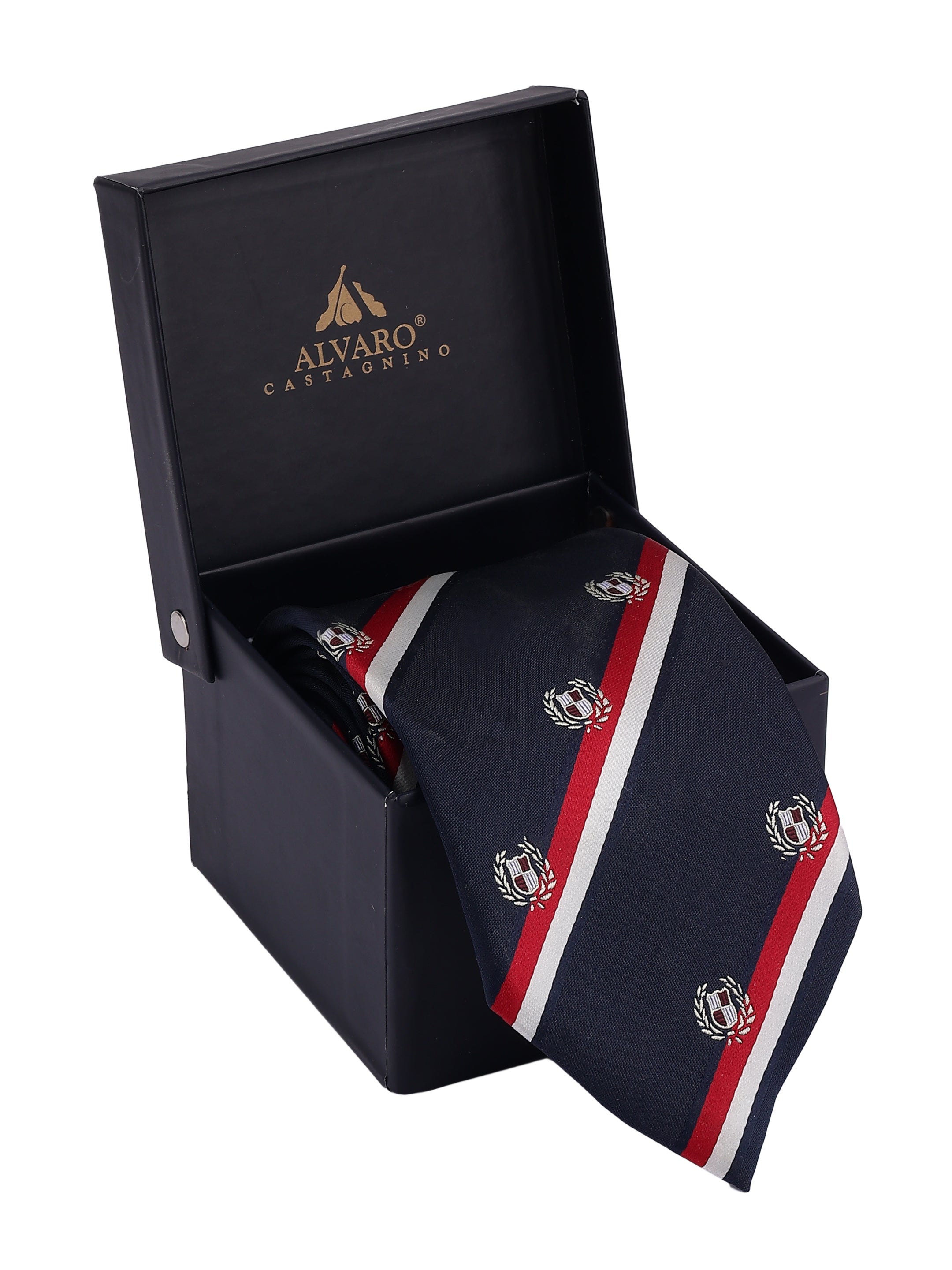 Navy Striped Tie with Red & White Bands
