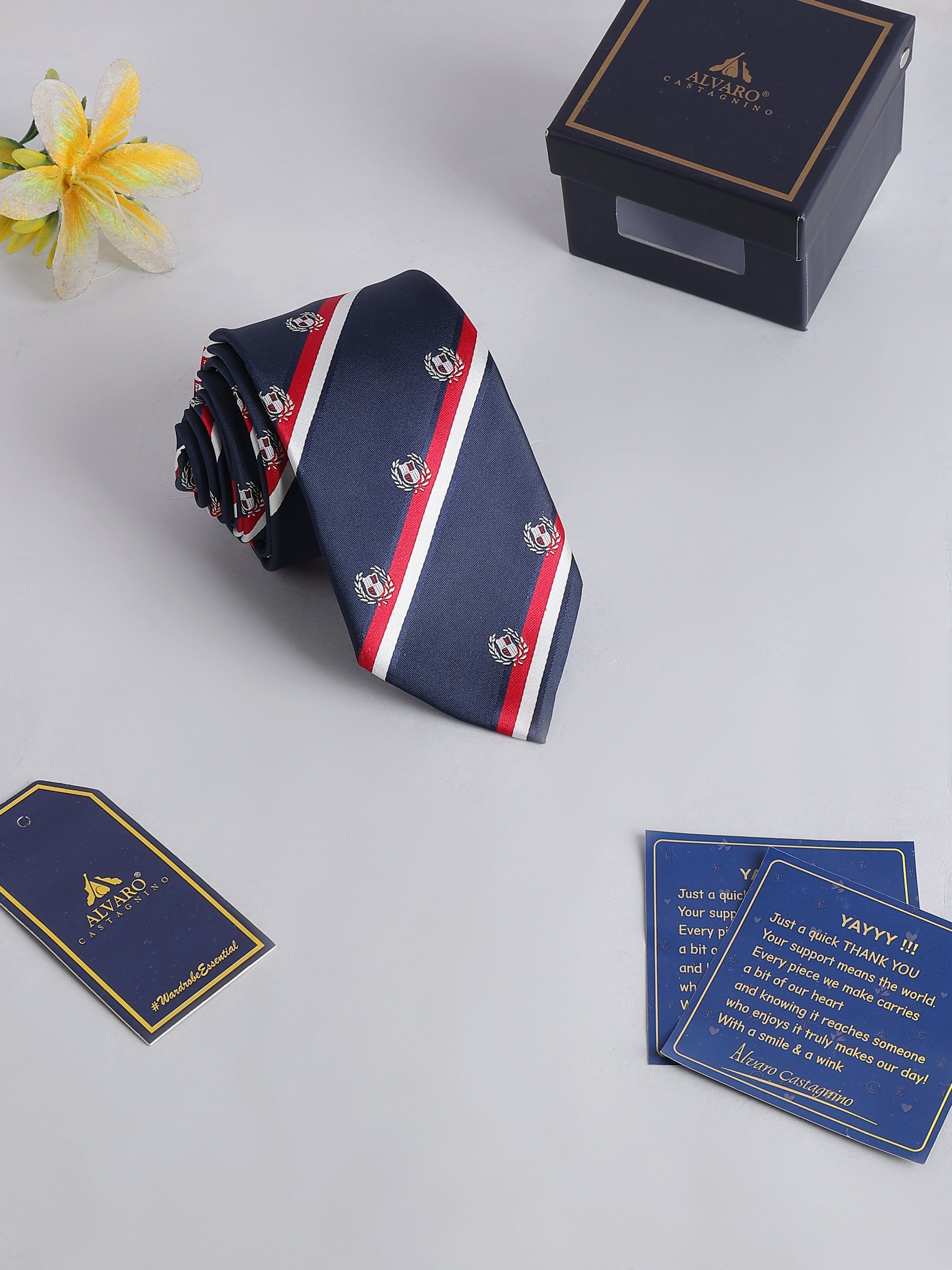 Navy Striped Tie with Red & White Bands