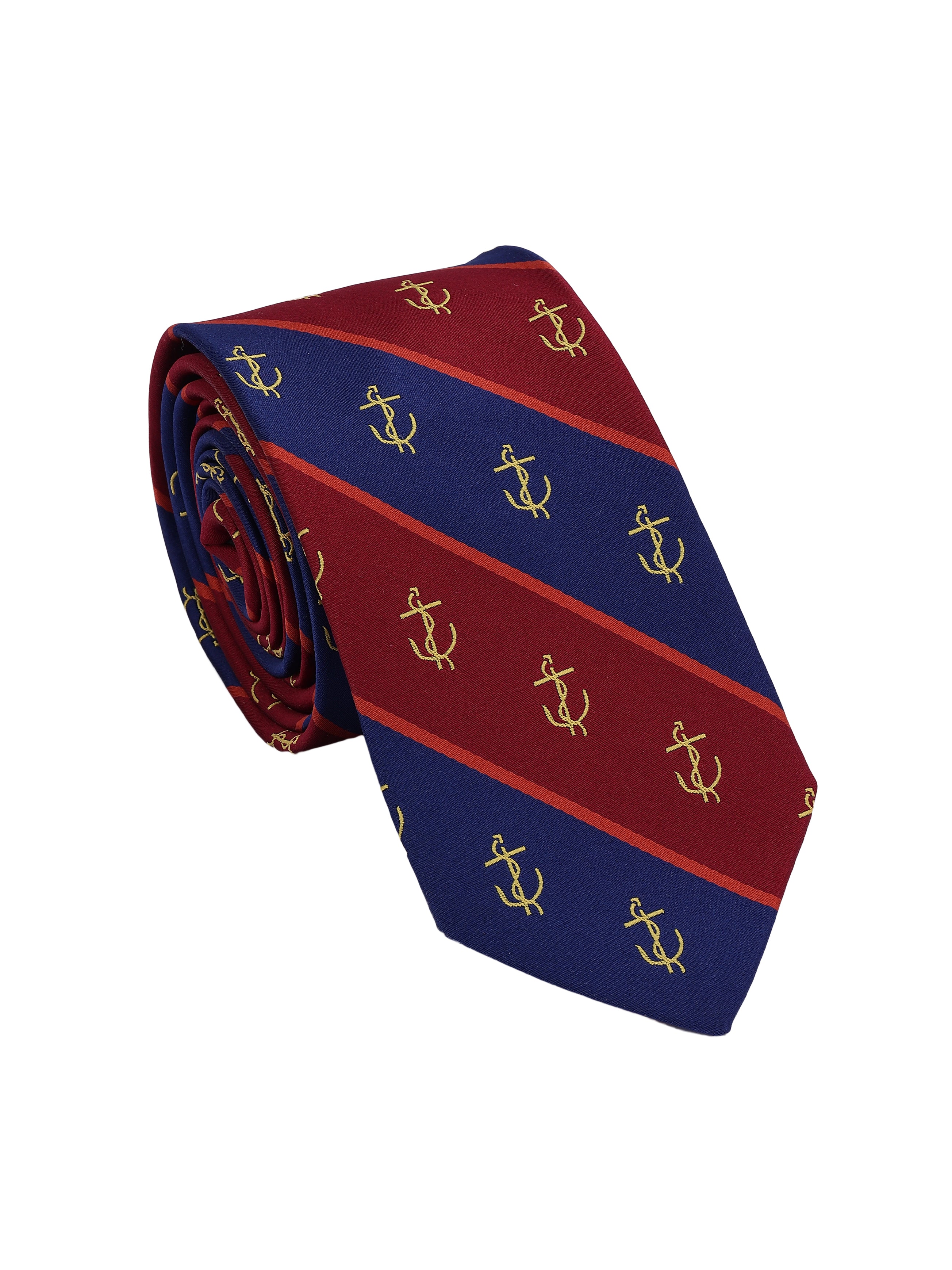 Navy and red striped tie with anchor pattern on a white background