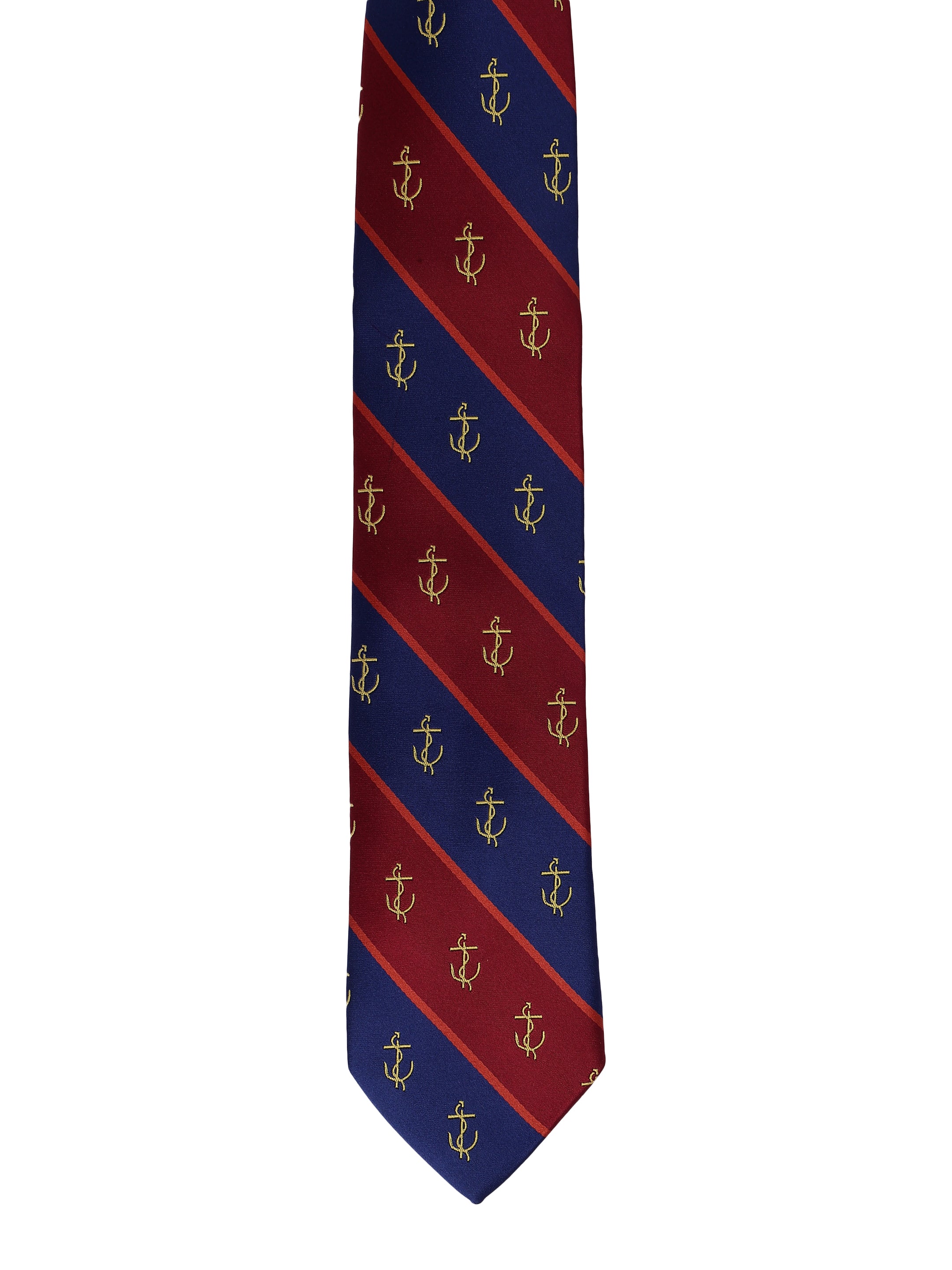 Navy and red striped tie with anchor pattern on a white background