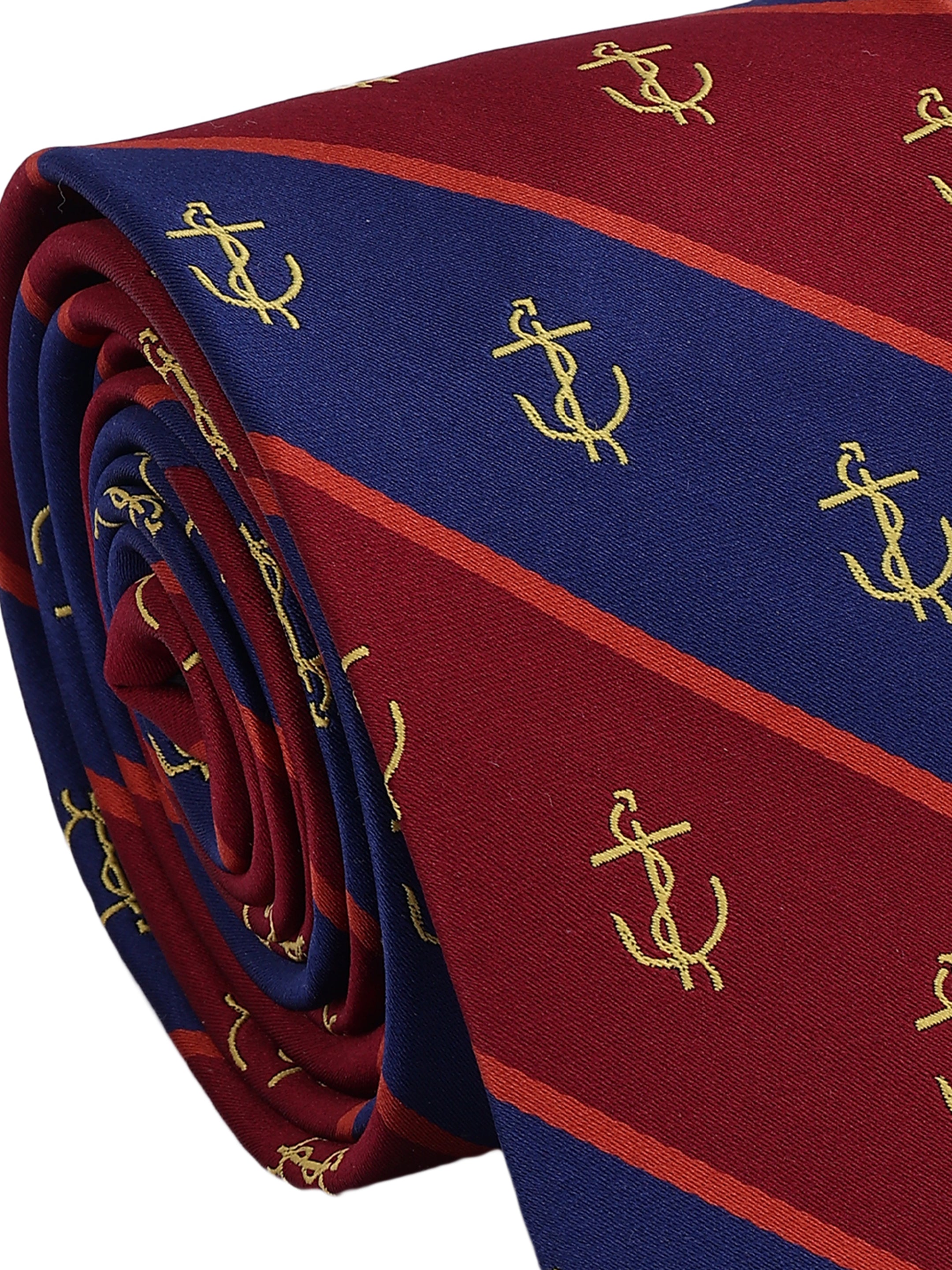Folded red and blue tie with anchor pattern on a white background