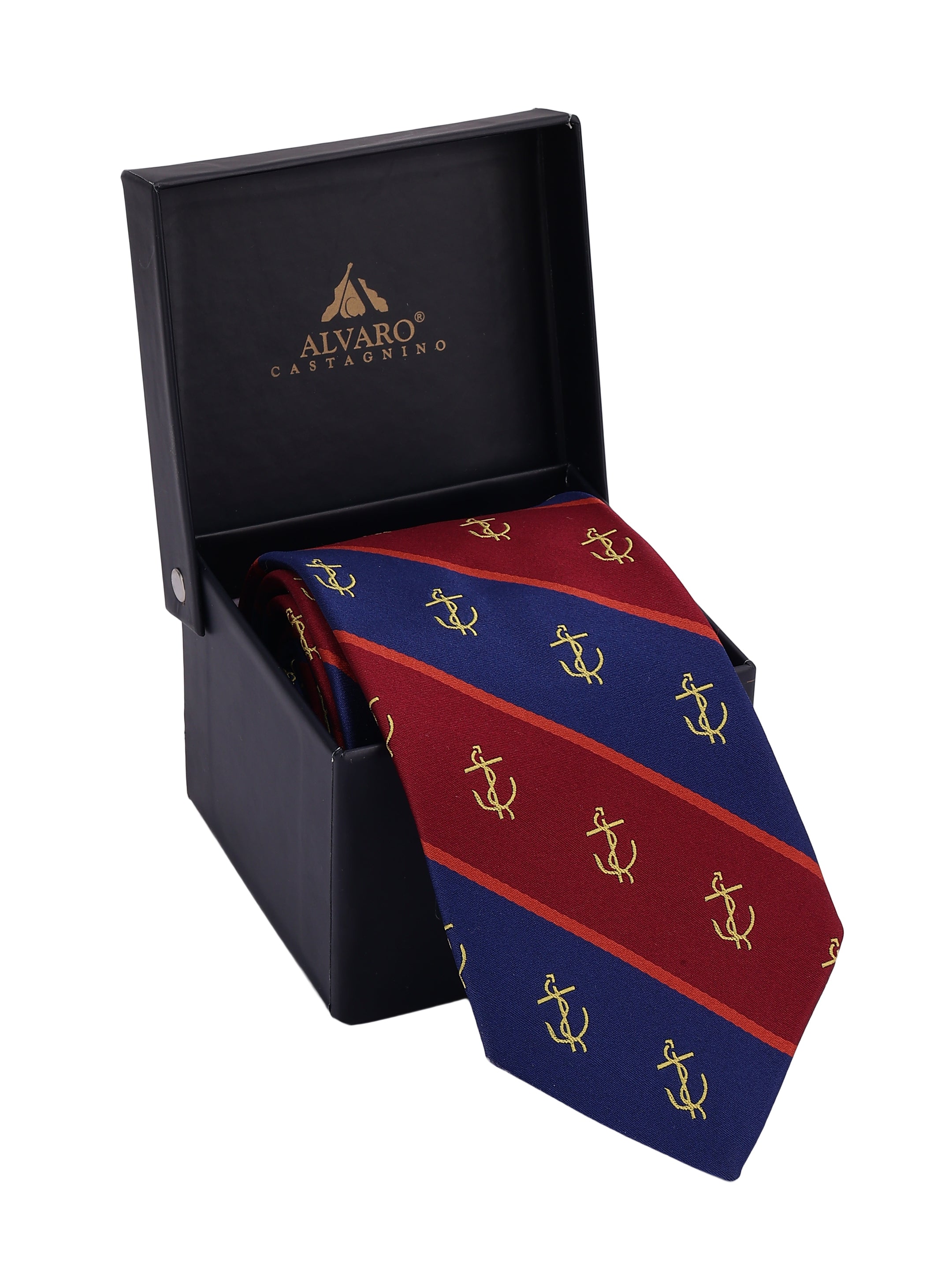 Red and blue striped tie with anchor pattern in a black Alvaro Castagnino box.