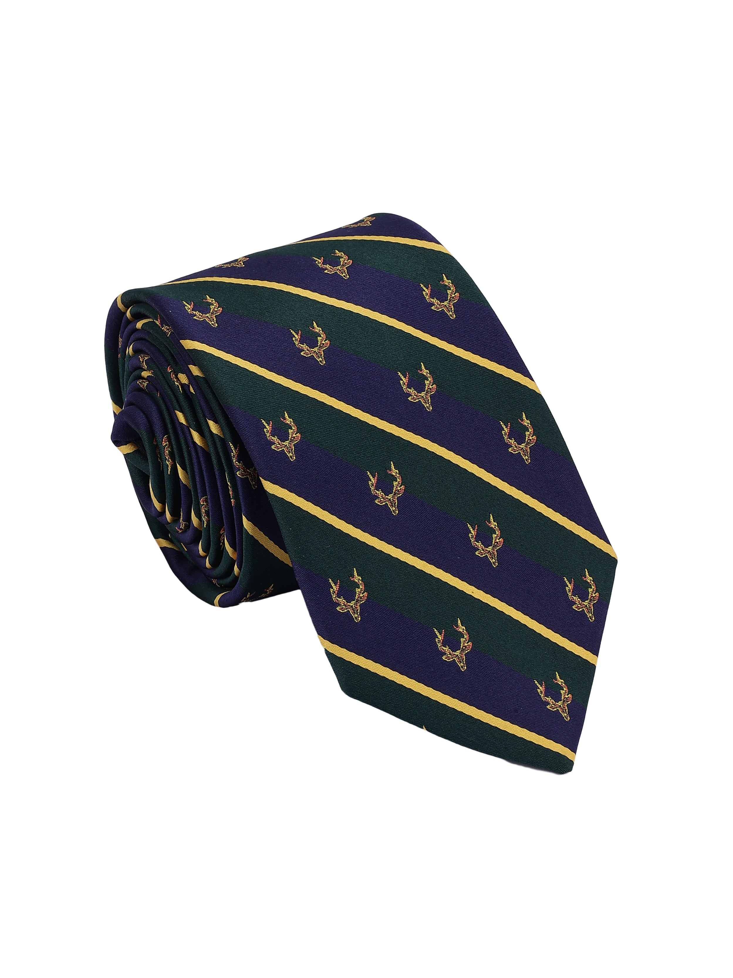 Navy blue tie with gold stripes and deer pattern on a white background