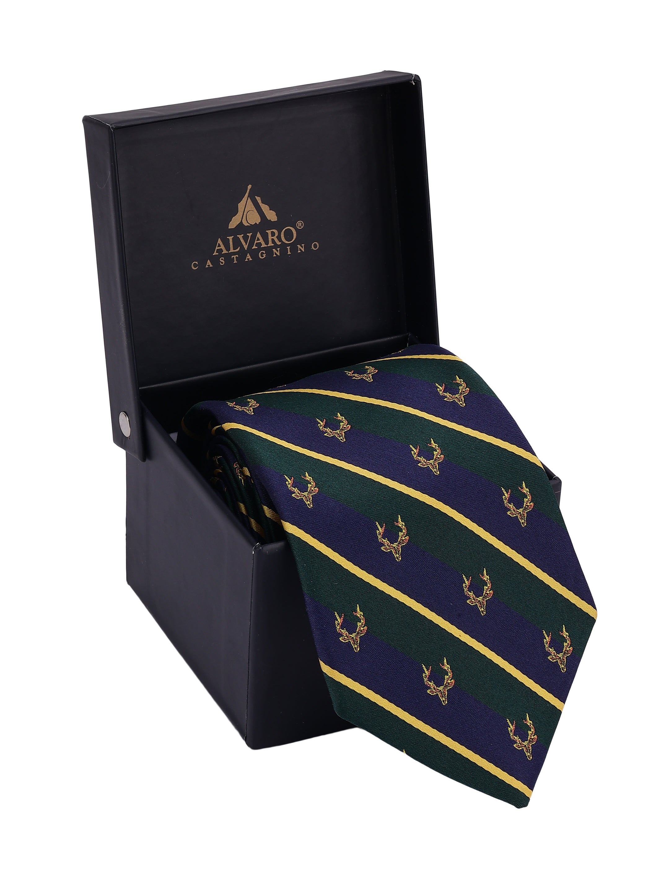 Green and blue striped tie with gold patterns in a black Alvaro Castagnino box.