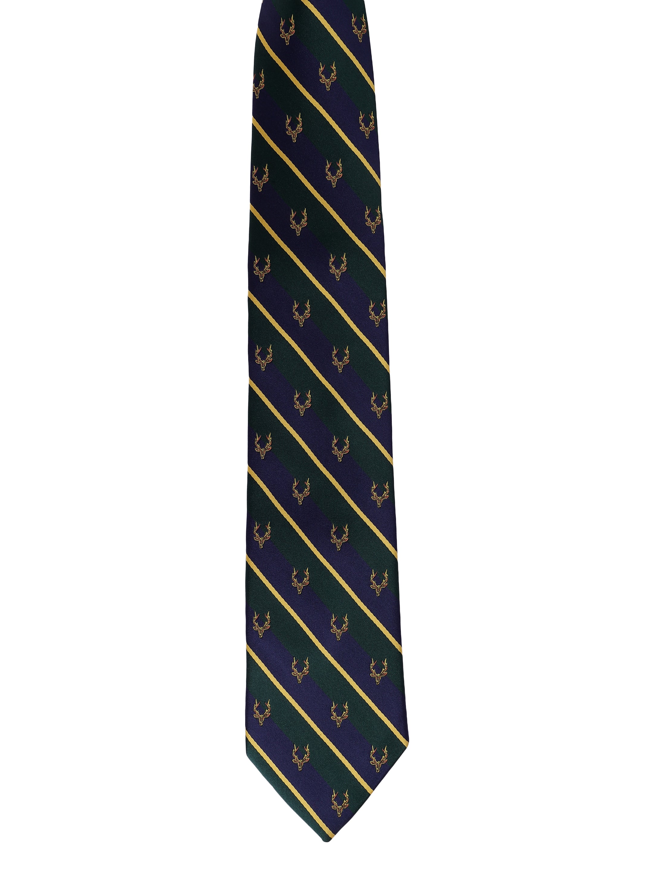 Navy tie with gold diagonal stripes and deer head pattern on a white background