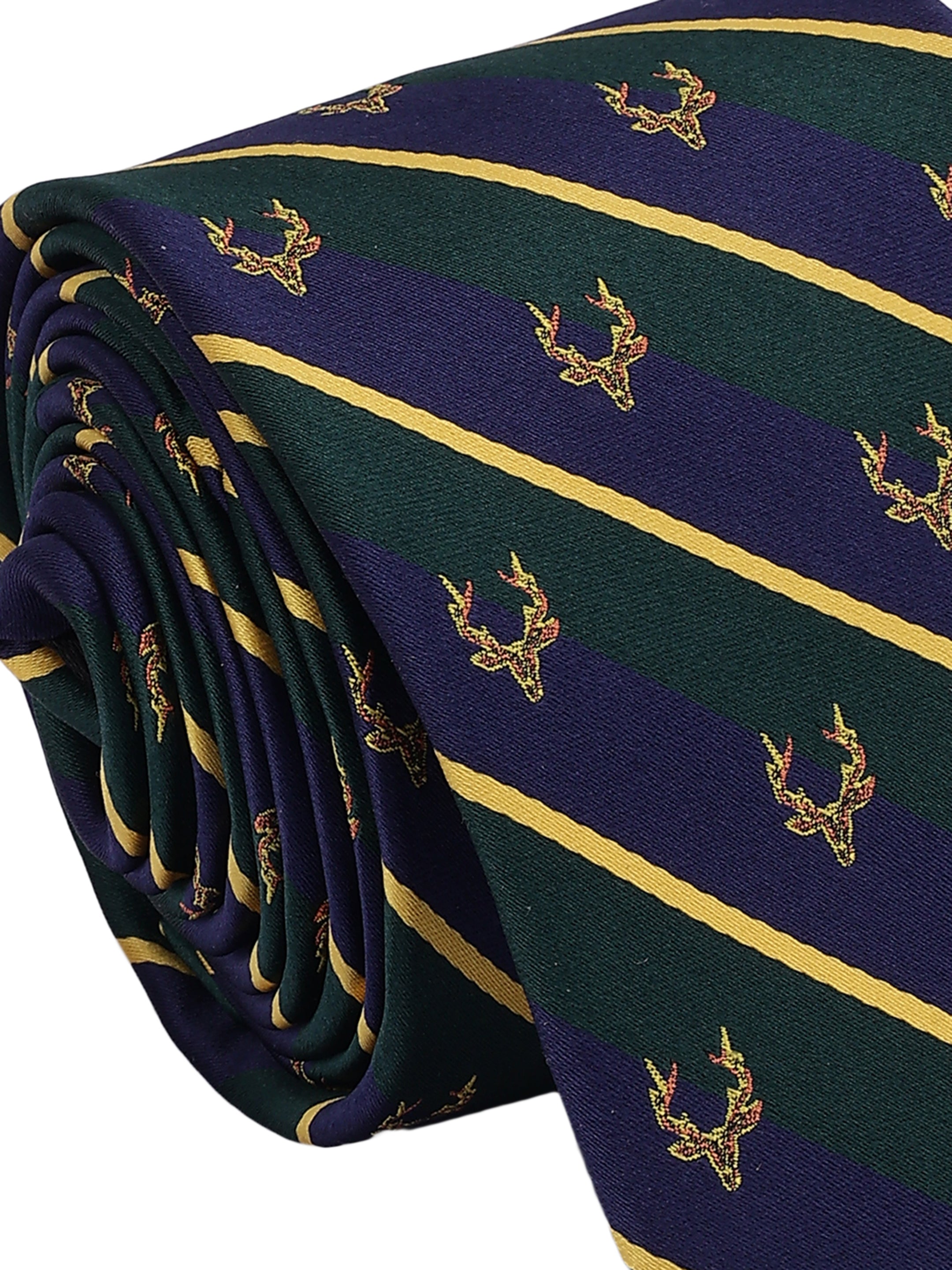 Navy and green striped tie with gold patterns on a white background