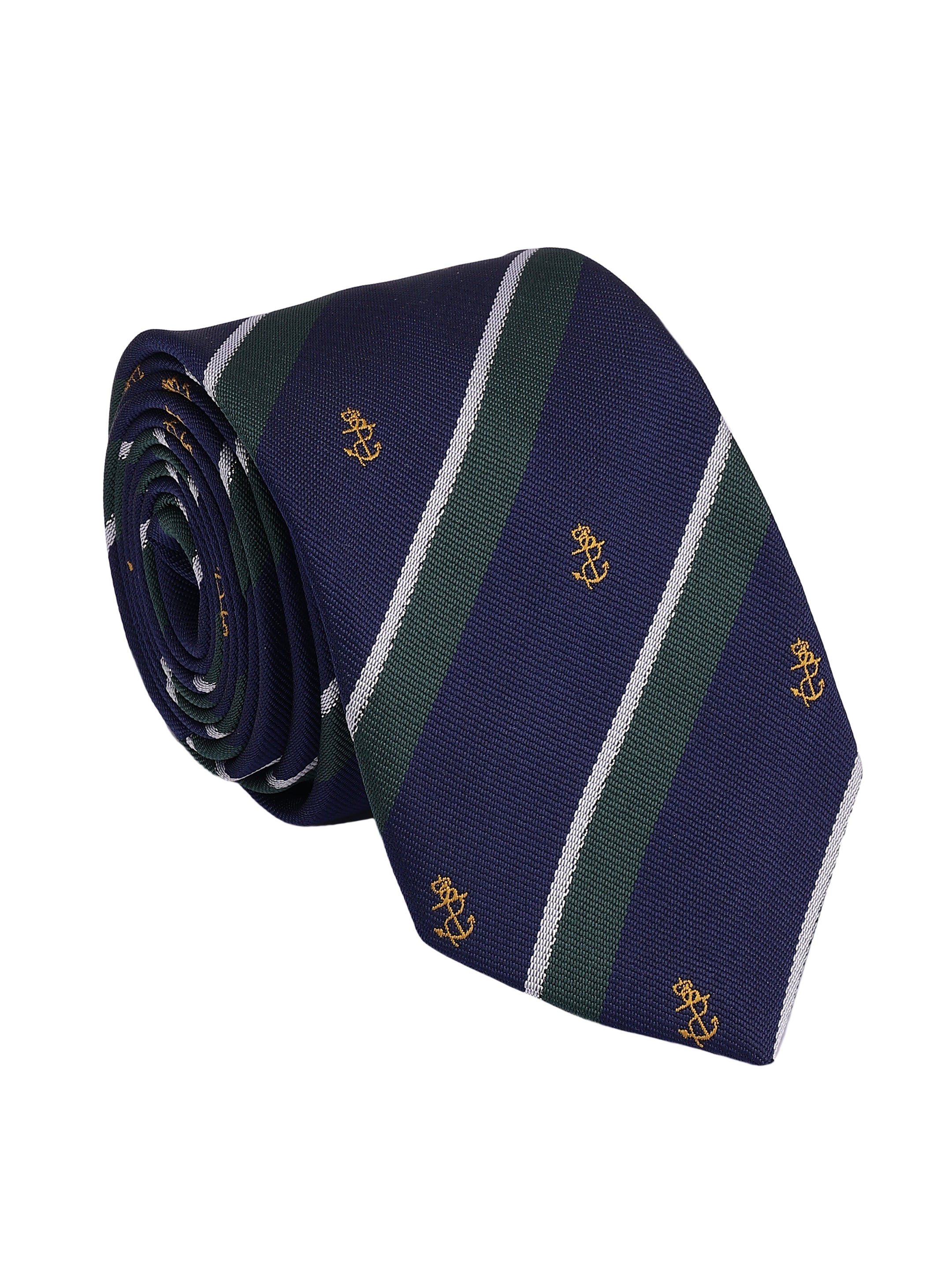 Navy Blue & Green Striped Anchor Design Formal Tie
